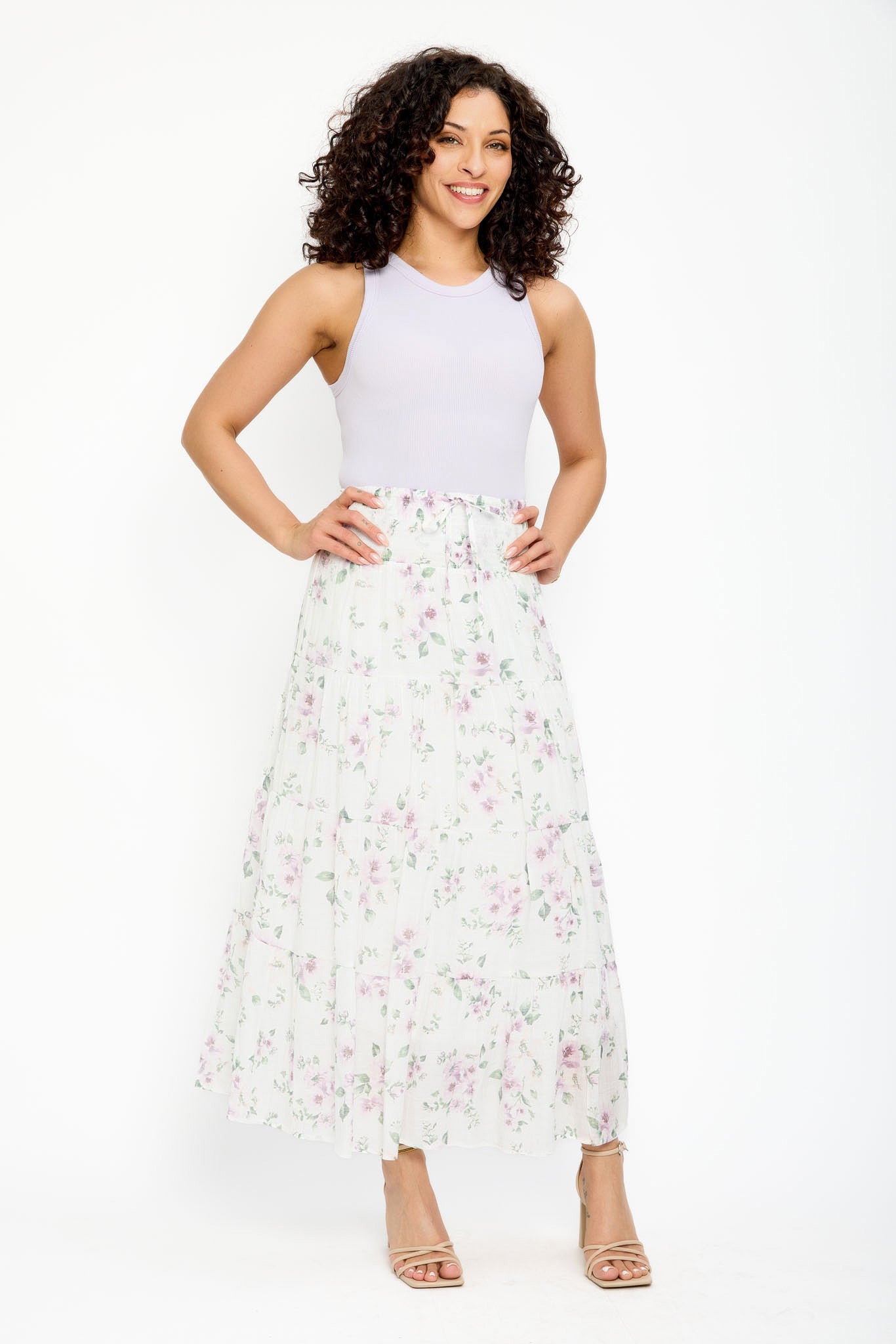 Floral Cross Hatch Tiered Maxi Skirt for Women - Boho Summer Beach Dress with Pockets | Perfect for Vacations, Music Festivals & Casual Outings