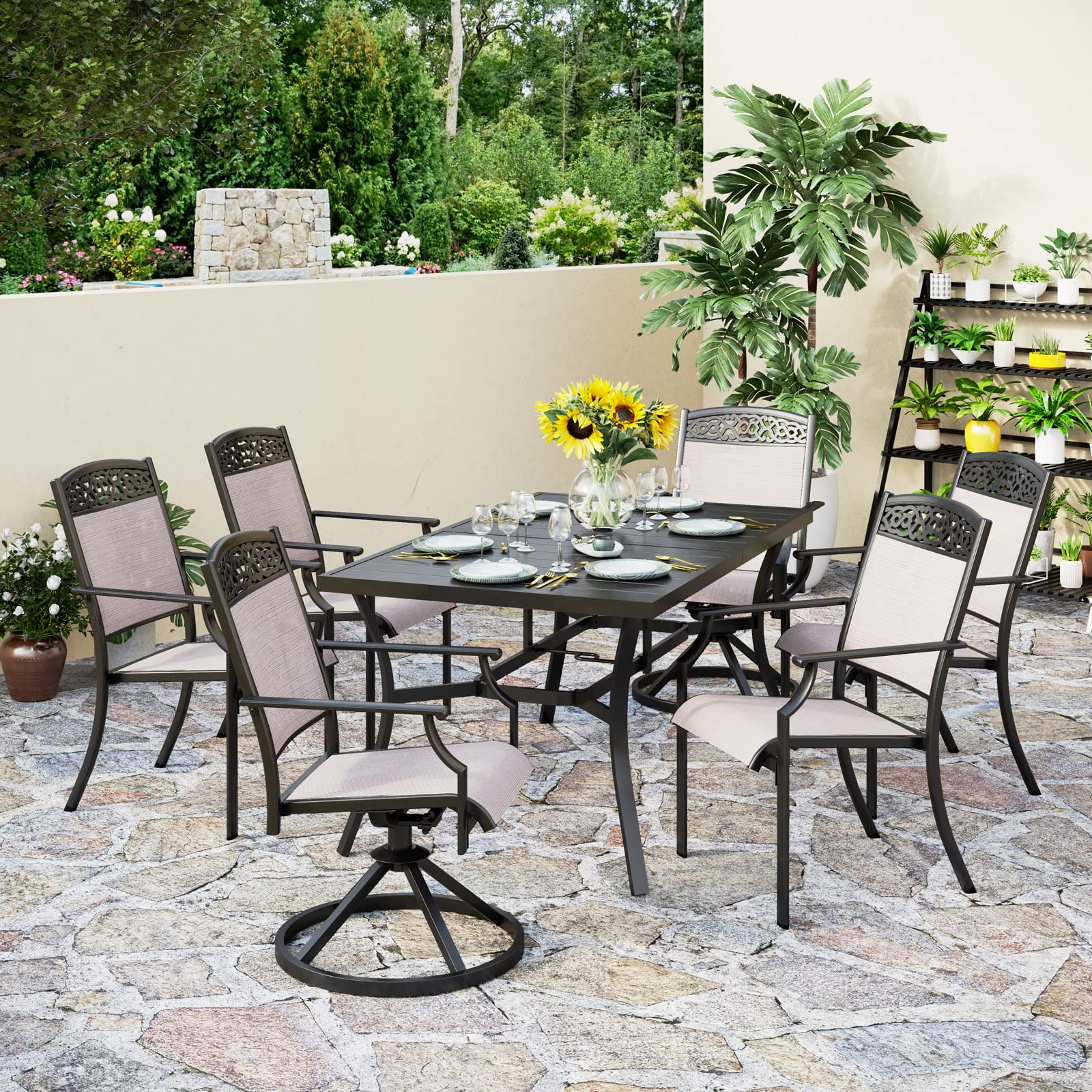 PHI VILLA 6-Piece Outdoor Patio Dining Set - Rectangular Steel Table with Umbrella Hole & 2 Swivel Aluminum Chairs - Durable Weather-Resistant Garden Furniture for Backyard, Poolside & BBQ Parties
