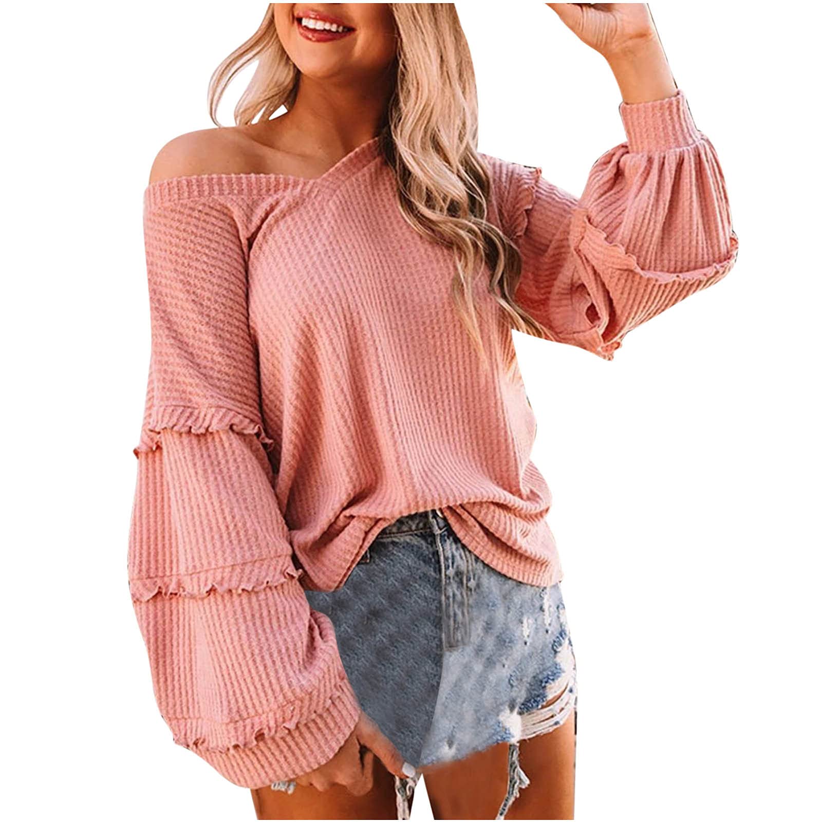 Women's Waffle Knit Long Sleeve Blouse - Solid Color Plus Size Flowy Pullover Top for Casual Outfits & Fall Layering