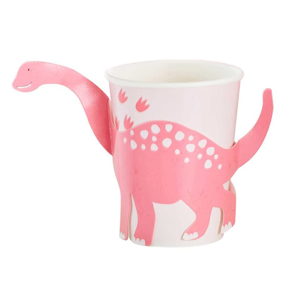 Ginger Ray 8 Pack Dinosaur Pink Paper Party Cups for Kids - Disposable Cups for Birthday Parties, Baby Showers & Themed Events