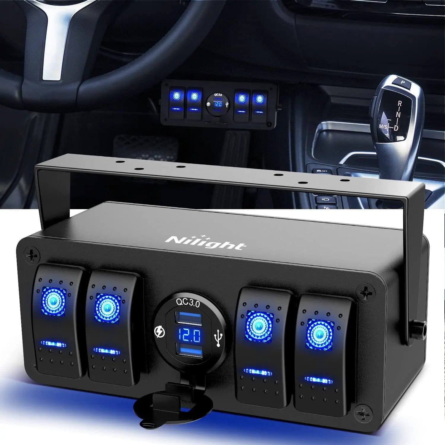 4 Gang Aluminum ON/Off Blue LED Rocker Switch Panel with QC 3.0 Fast Charging Dual USB Ports & Voltmeter - Perfect for Marine, RV, Truck, and DIY Electrical Projects