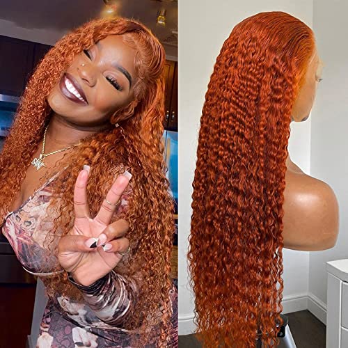 CENHIEE 26inch Brazilian Remy Human Hair Wig - Ginger Orange Short Bob with Deep Wave Curls, 13X6X1 T Part Lace Front & Preplucked Baby Hair (150% Density) | Perfect for Cosplay, Daily Wear & Special Occasions
