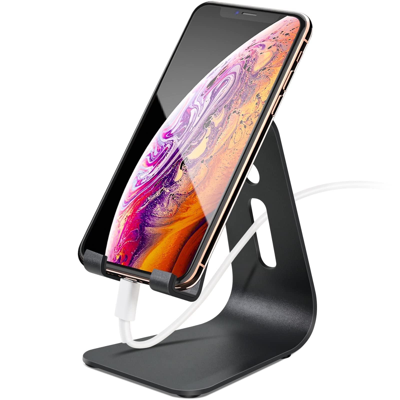Adjustable Phone Stand for Desk - Secure, Non-Slip iPhone Holder for Home & Office Use (Black)