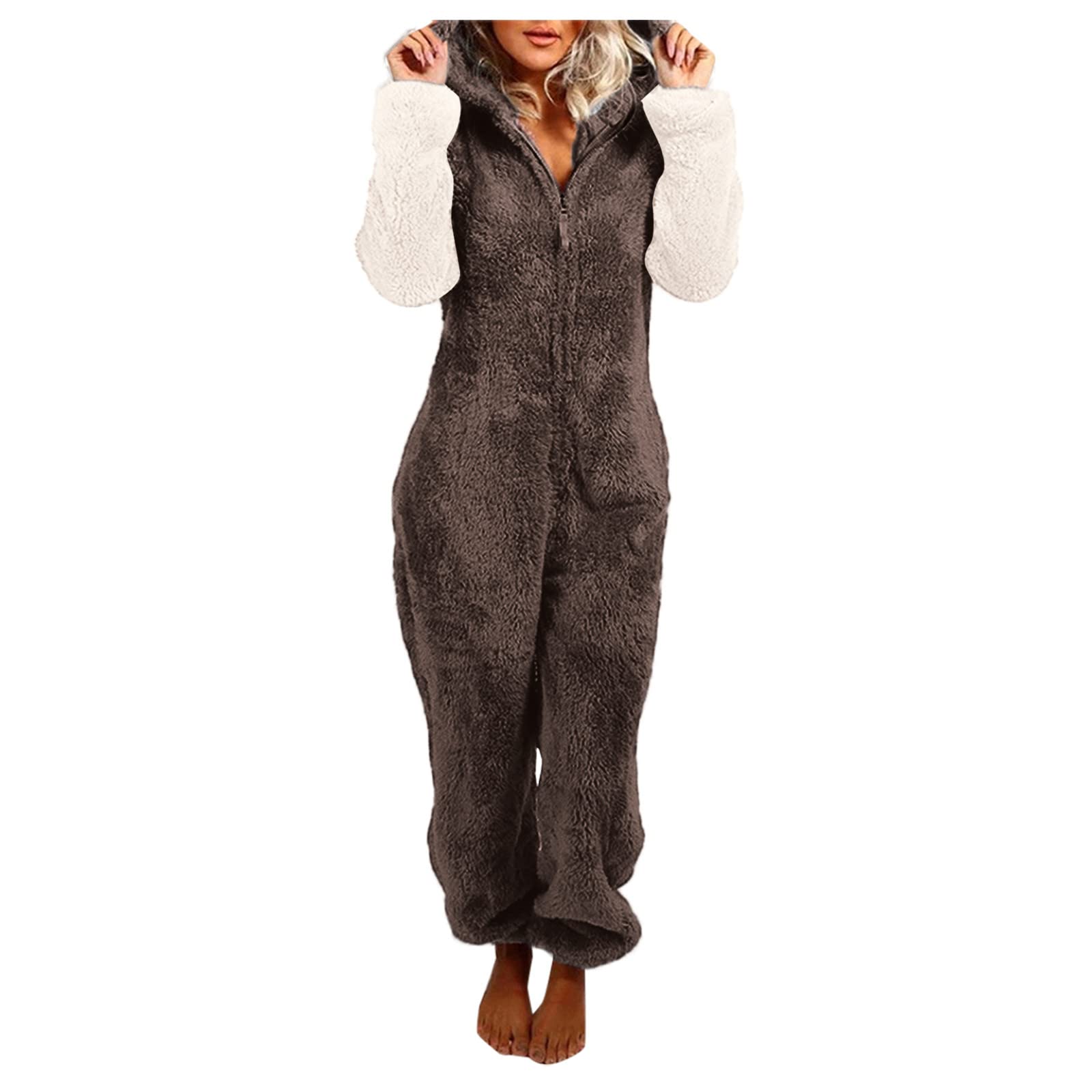 Women's Long Sleeve Hooded Jumpsuit Pajama Set - Winter Warm Fleece Romper Sleepwear & Casual Outfit for Women | Cozy Home Lounge, Sleepwear, Winter Comfort Wear