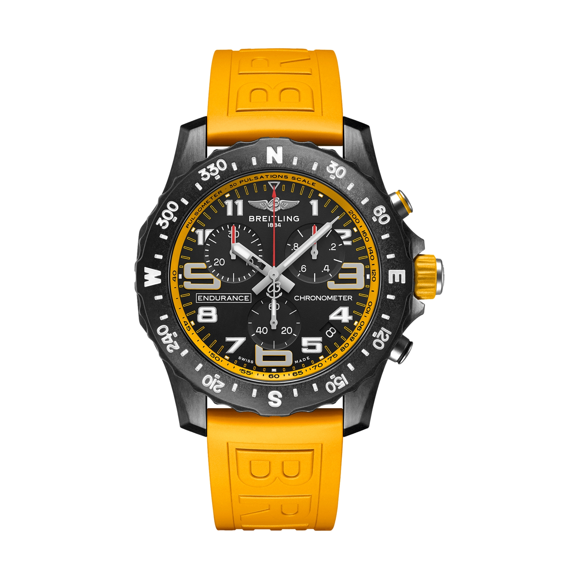 Breitling Endurance Pro 44mm Black Watch with Yellow Rubber Strap - Durable Sports Watch for Running, Cycling & Outdoor Activities