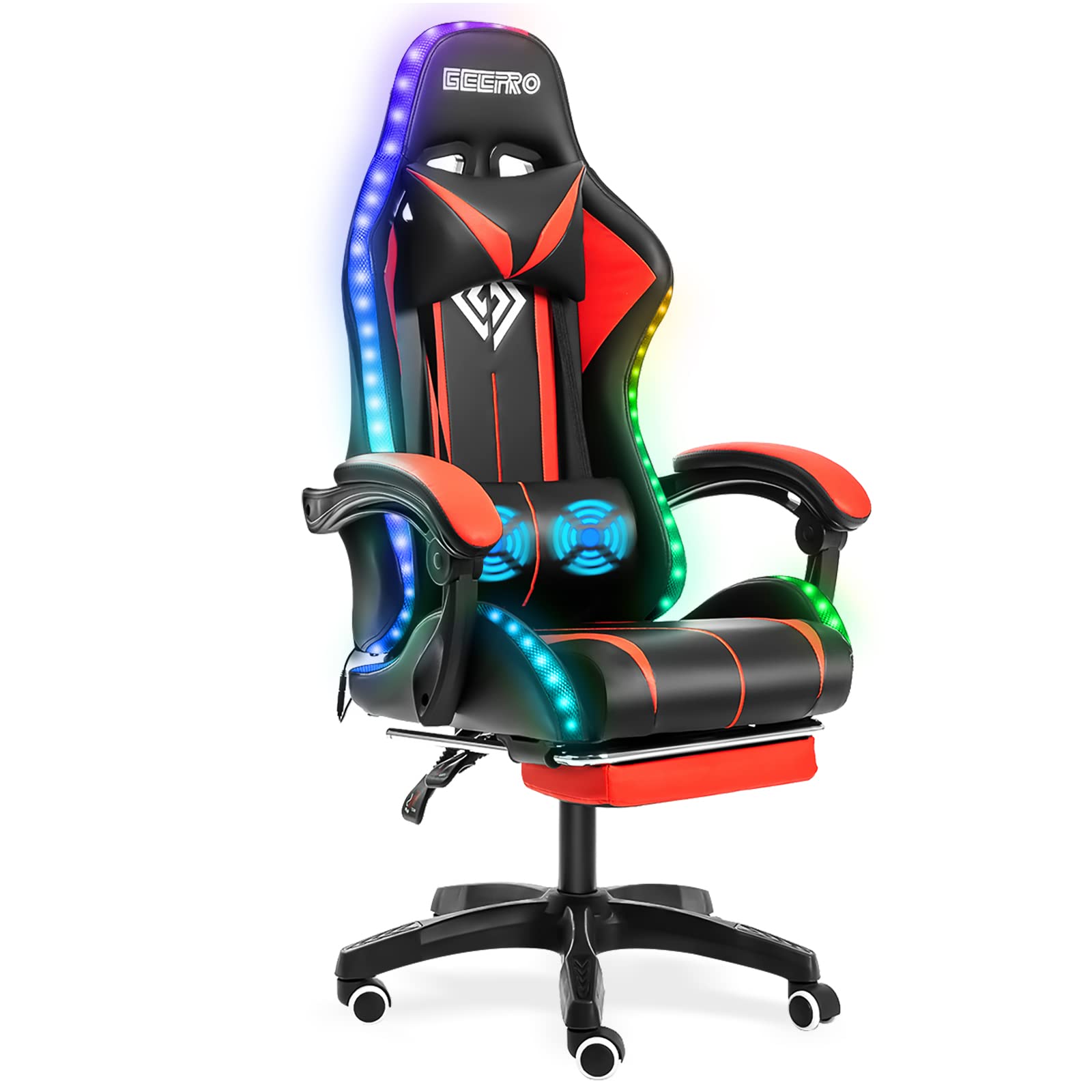 Geepro Ergonomic Gaming Chair with Massage, RGB LED Lights & Footrest - High Back Computer Chair for Office & Home, Adjustable Lumbar Support & Linkage Armrest (Red/Black) - Perfect for Esports, Streaming & Long Gaming Sessions