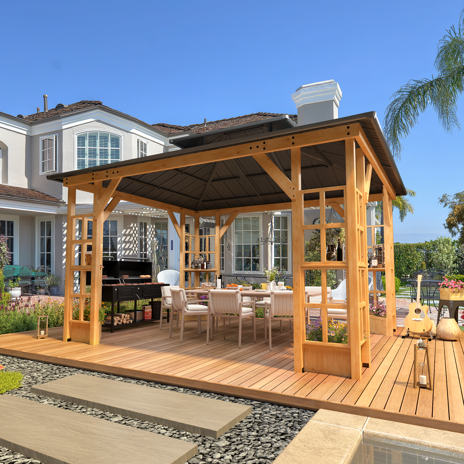EROMMY 11' x 13' Wood Gazebo - Outdoor Hardtop Pavilion with Spruce Solid Wood Frame & Metal Canopy Roof - Perfect for Patio, Backyard, Deck & Garden Relaxation