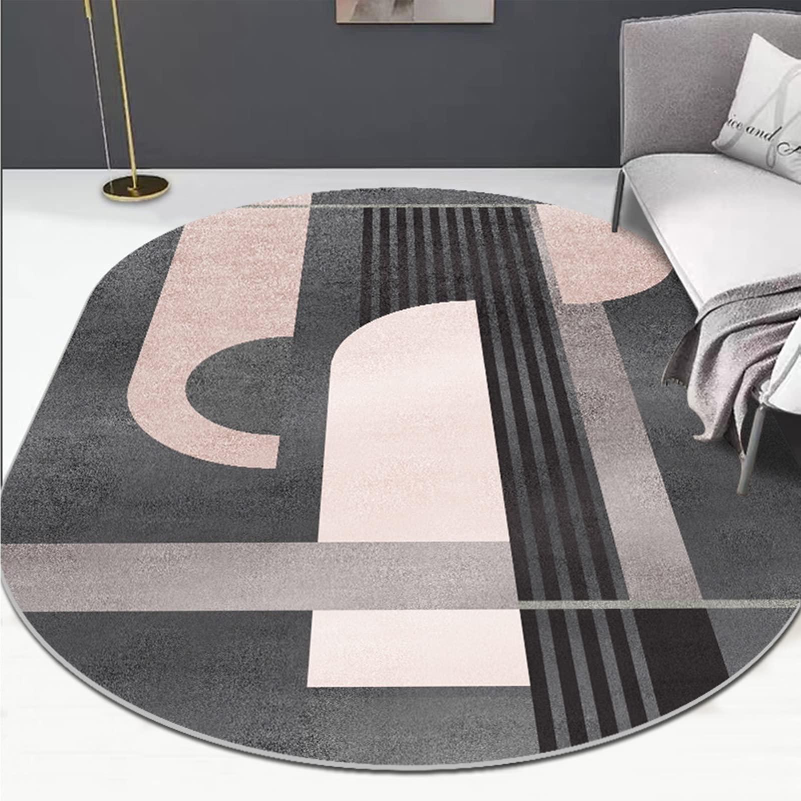 Pink and Grey Washable Non-Slip Oval Geometric Area Rug - Soft Short Pile Living Room Carpet for Bedroom, Home Decor, Yoga Mat (200x300cm) - Perfect for Cozy Spaces, Modern Interiors & Meditation Areas