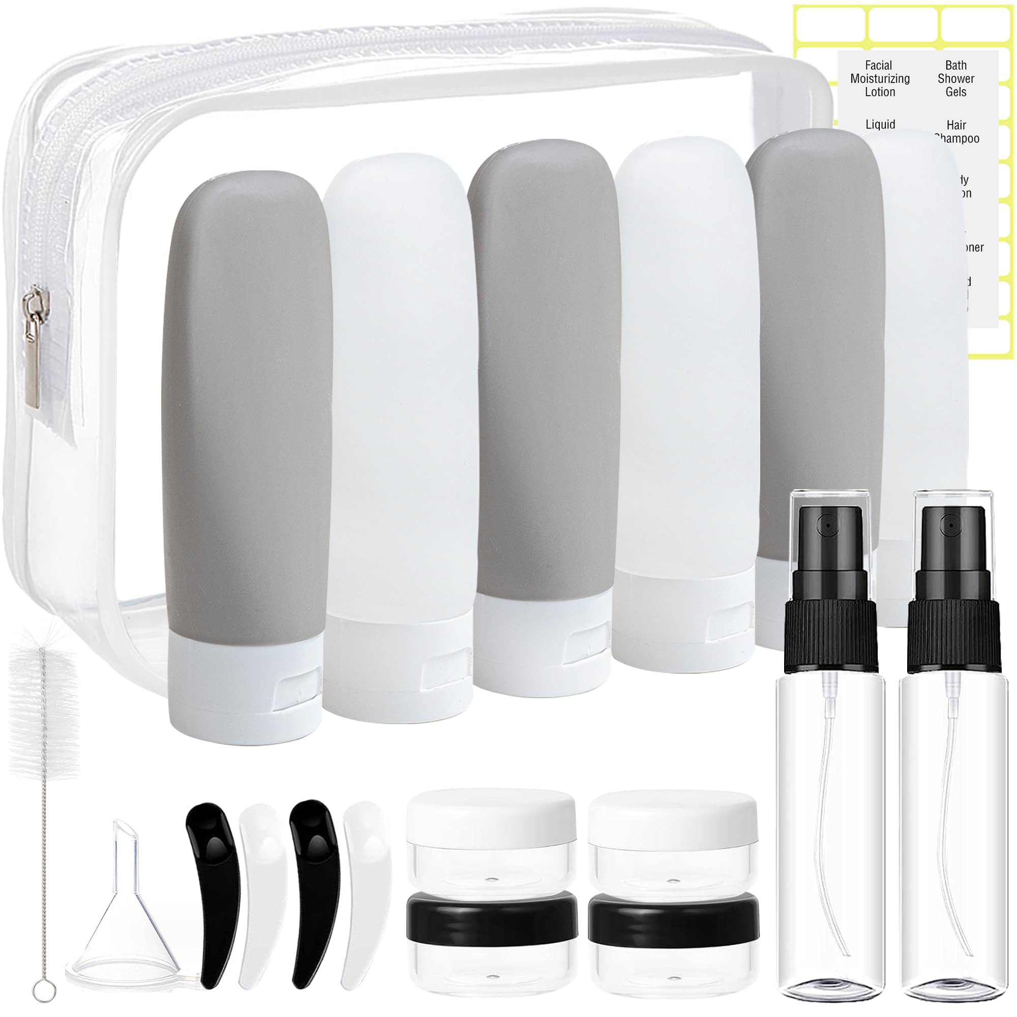 20-Pack TSA Approved Leak Proof Travel Bottles Set - Portable Refillable Toiletry Containers for Shampoo, Conditioner & Lotion (Black & White) | Perfect for Air Travel, Camping & Gym Essentials