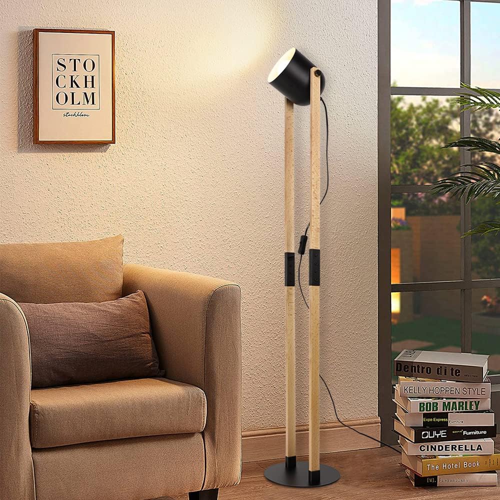 Modern Adjustable Floor Lamp with 360° Rotatable Head - Metal & Wood Design for Living Room, Bedroom, Office - Includes Bulb & Pressure Switch - Perfect for Reading, Decor & Ambient Lighting