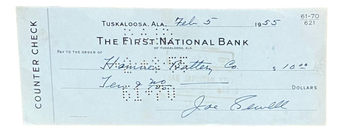 Joe Sewell Cleveland Autographed Bank Check - Signed February 5, 1955 - Authentic Baseball Memorabilia for Collectors & Sports Fans - Perfect for Framing, Display, or Investment