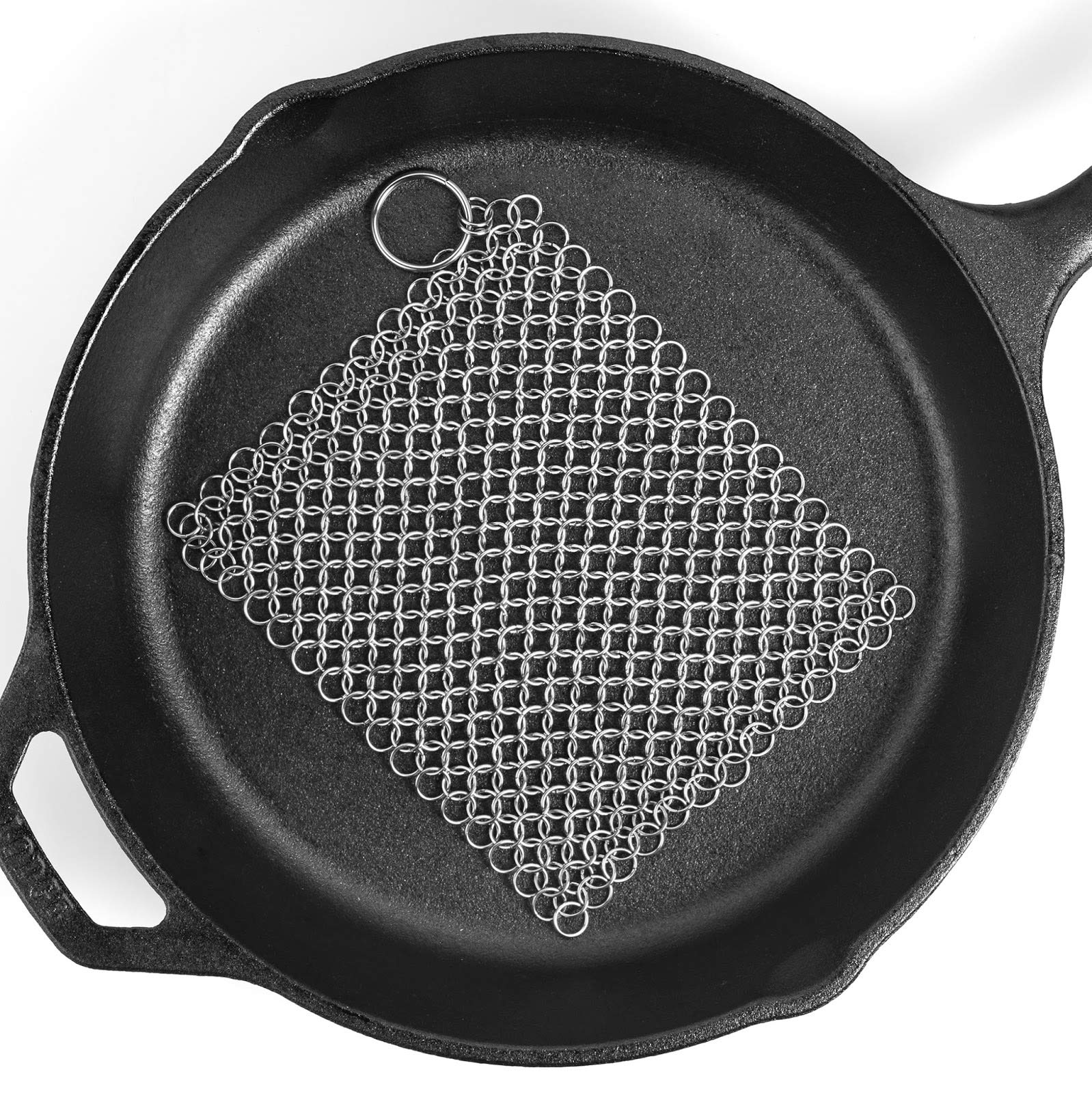 Ationgle 8x6 Inch 316L Stainless Steel Chainmail Scrubber for Cast Iron Pans - Heavy Duty Cleaning Tool for Pre-Seasoned Pans, Dutch Ovens, Waffle Irons & More - Perfect for Camping, Outdoor Cooking & Kitchen Use