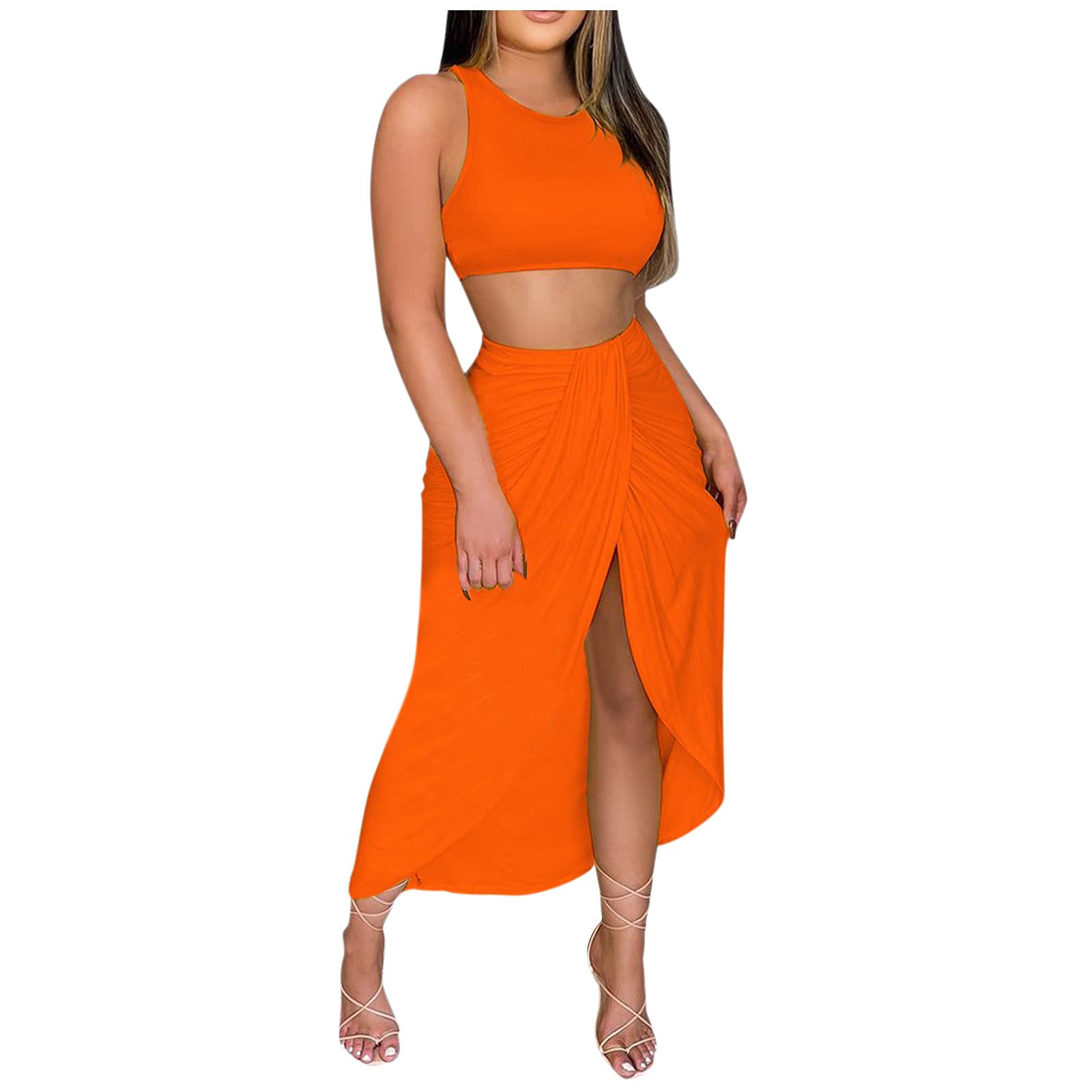 Women's Summer Beach Outfit 2-Piece Set - Slit Maxi Skirt & Crop Tank Top for Vacation, Pool Party, and Casual Wear | Flowy Boho Chic Skirt Set