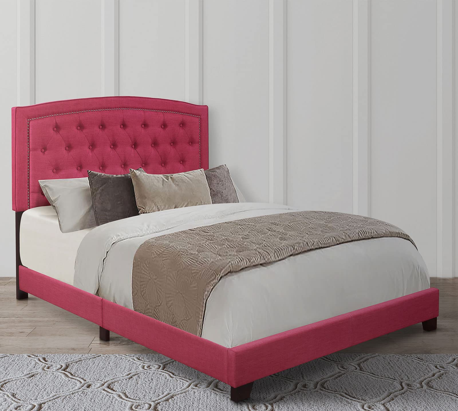 Mattress Firm Linden Upholstered Queen Size Bed Frame in Pink - Elegant Bedroom Furniture for Master & Guest Rooms