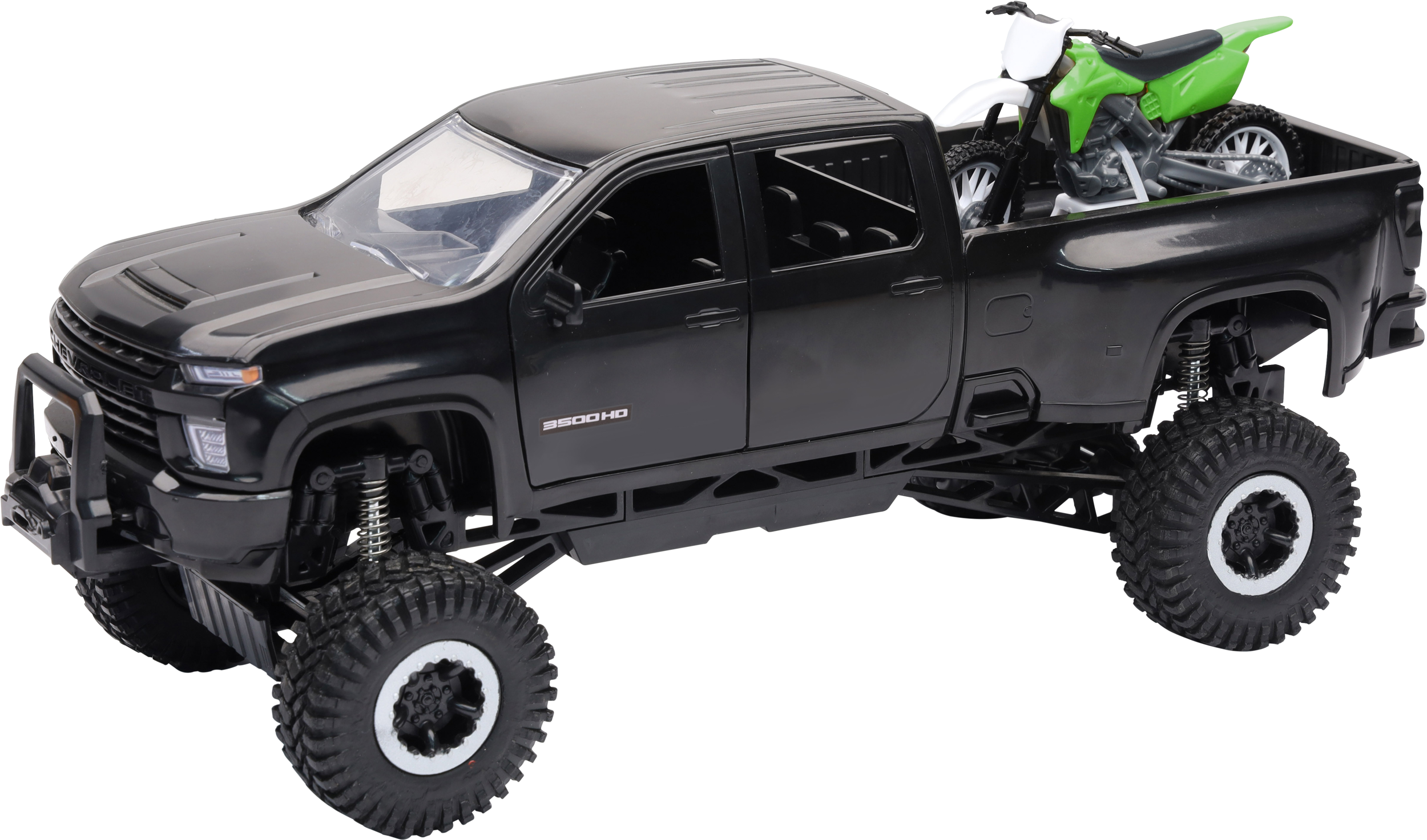 1:20 Scale Chevrolet 3500 HD Off-Road Pickup Truck with Green Dirt Bike - Perfect for RC Car Enthusiasts & Collectors, Ideal for Display, Racing & Off-Road Adventure Scenes