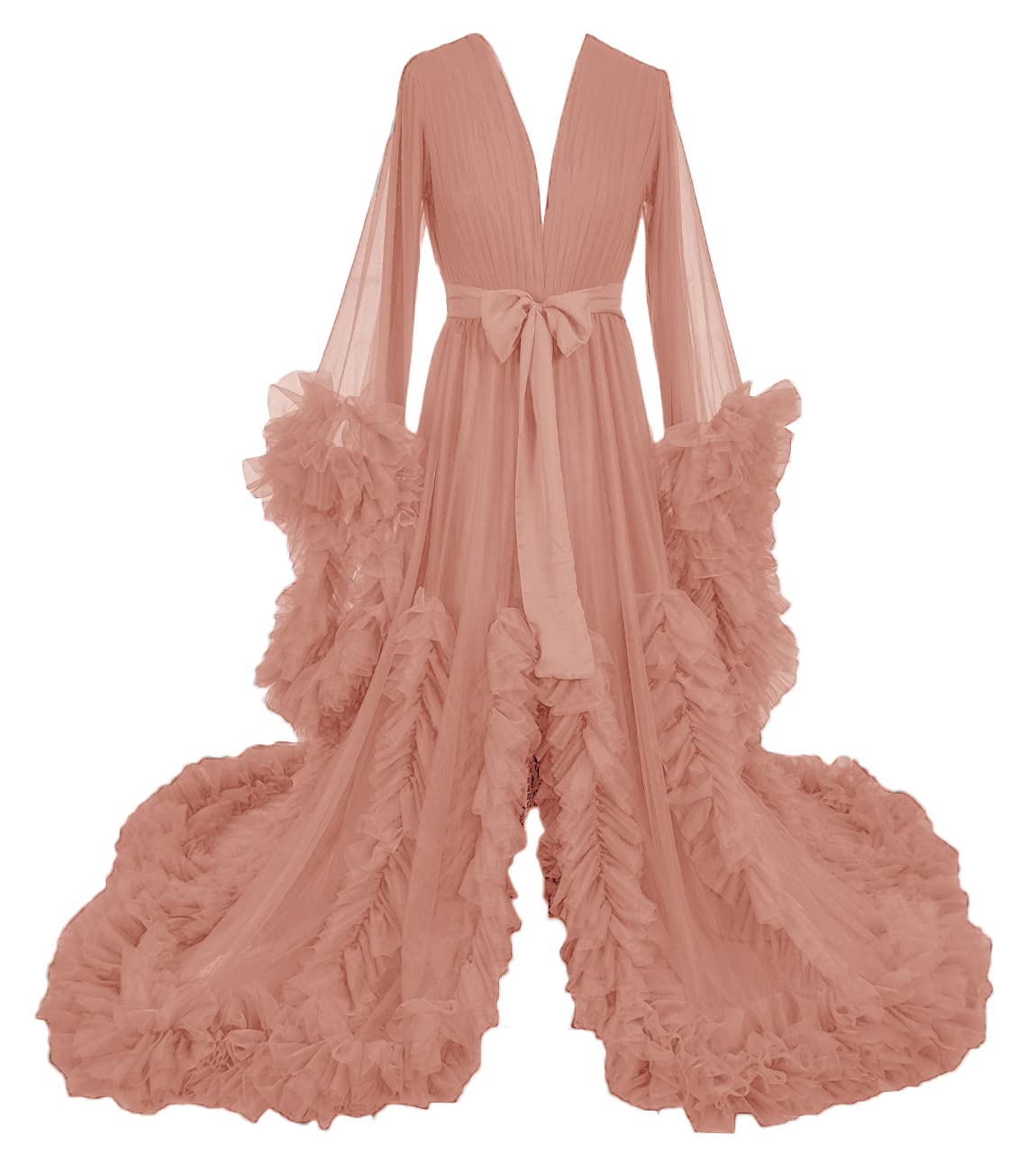 Elegant Long Wedding Scarf Illusion Nightgown with Feather Trim - Sheer Puffy Dress for Bridal Party, Boudoir Photography & Romantic Getaways