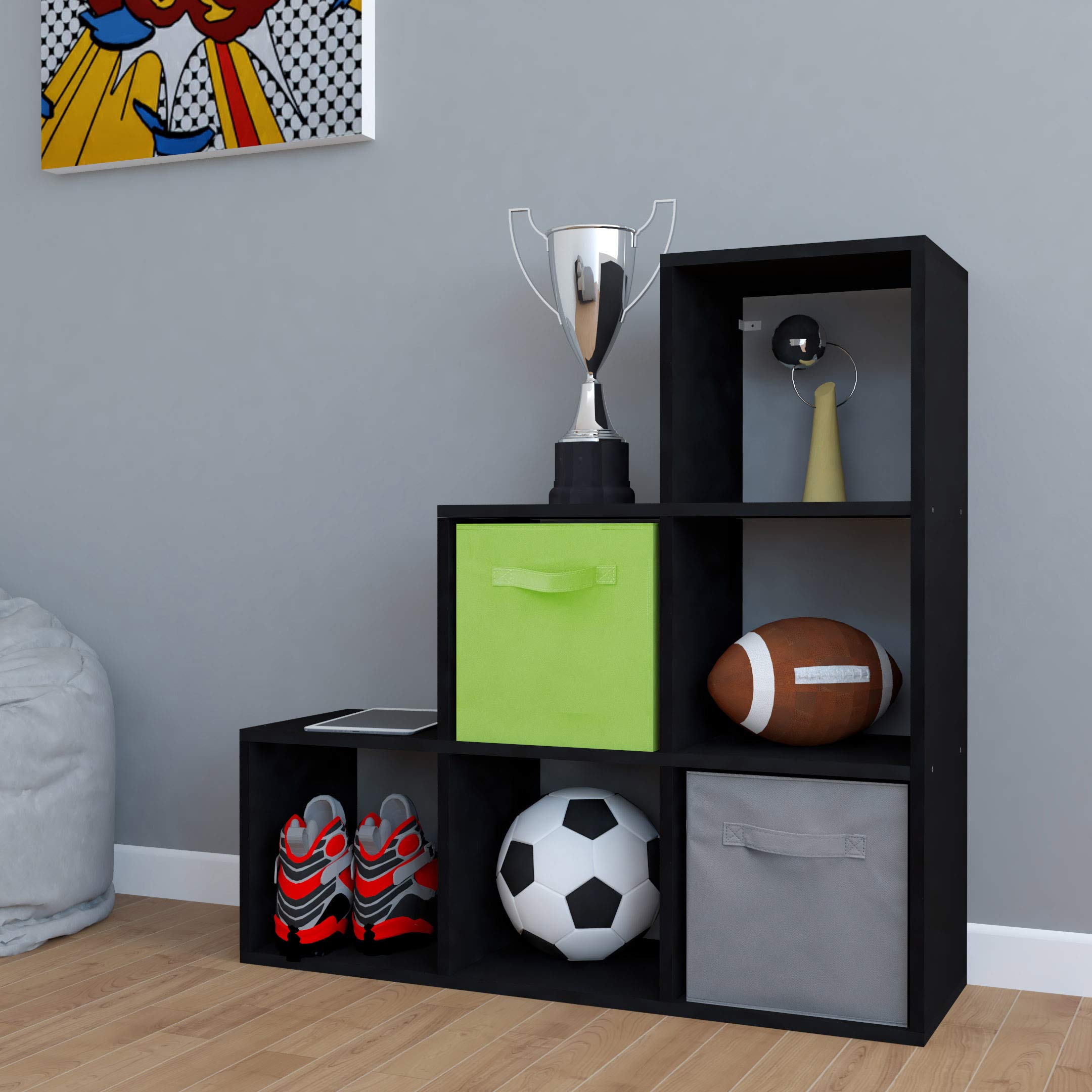 LETMOBEL 6-Cube Stair-Step Storage Organizer Shelf - DIY Bookcase, Closet & Home Office Organizer for Bedroom, Living Room, Office - Black Modular Cube Shelf for Stylish Home & Workspace Storage Solutions