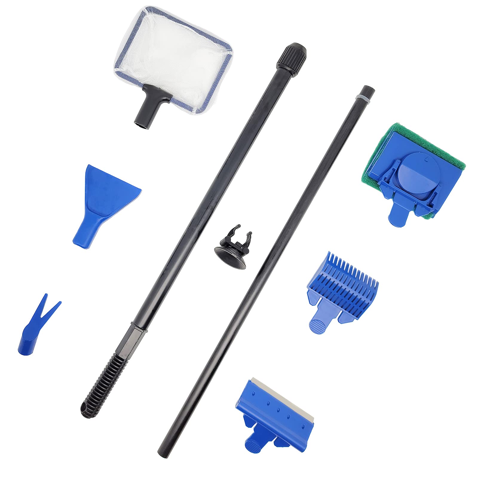 5-in-1 Aquarium Cleaning Kit with Fish Net, Gravel Rake, Algae Scraper, Fork & Sponge Brush - Essential Fish Tank Maintenance Tools for Glass Cleaning & Water Care - Perfect for Freshwater & Saltwater Tanks
