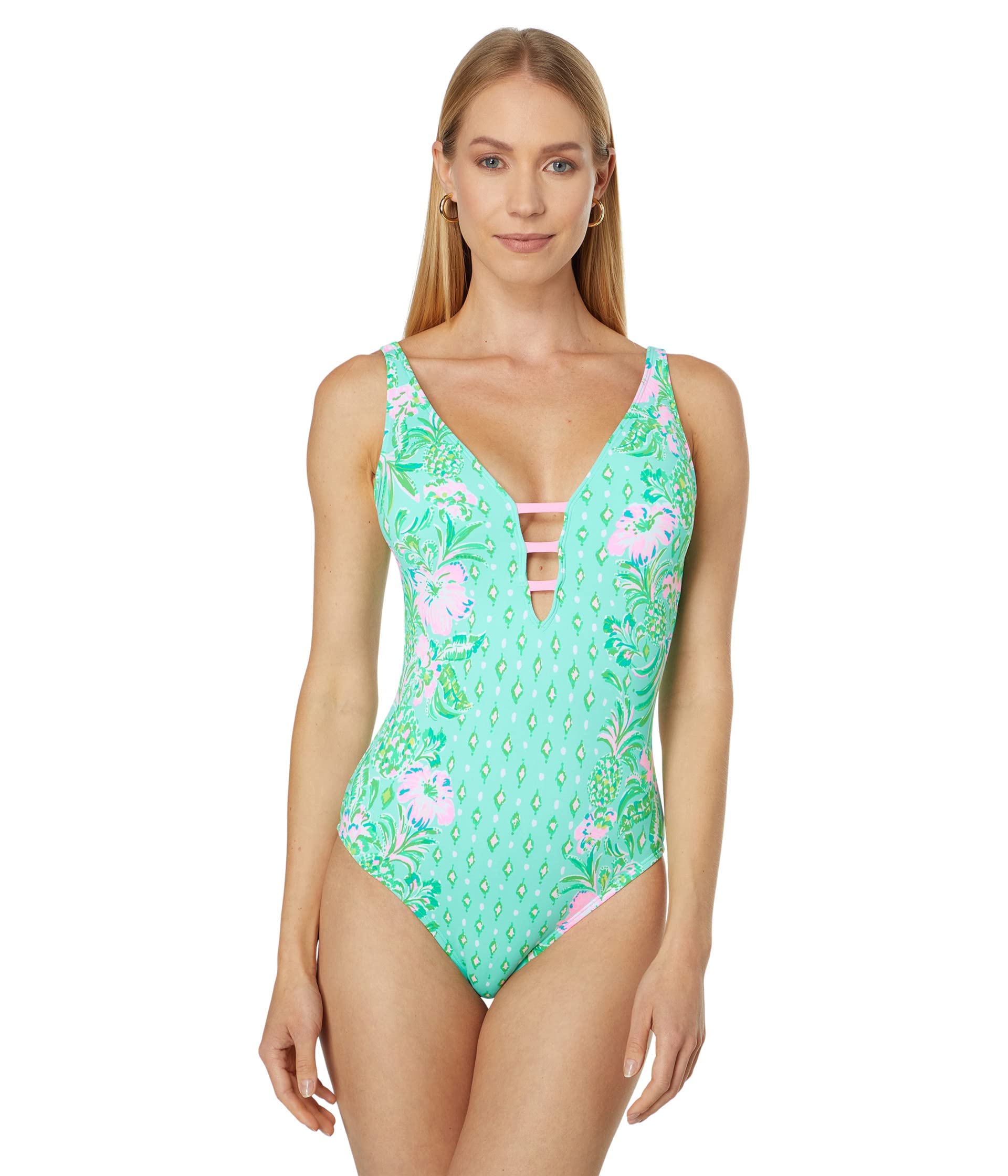 Lilly Pulitzer Jaspen Women's One-Piece Swimsuit - Plunge Neckline with Removable Soft Cups, Sexy & Supportive Lightweight Bathing Suit | Perfect for Beach Vacations, Pool Parties & Summer Getaways