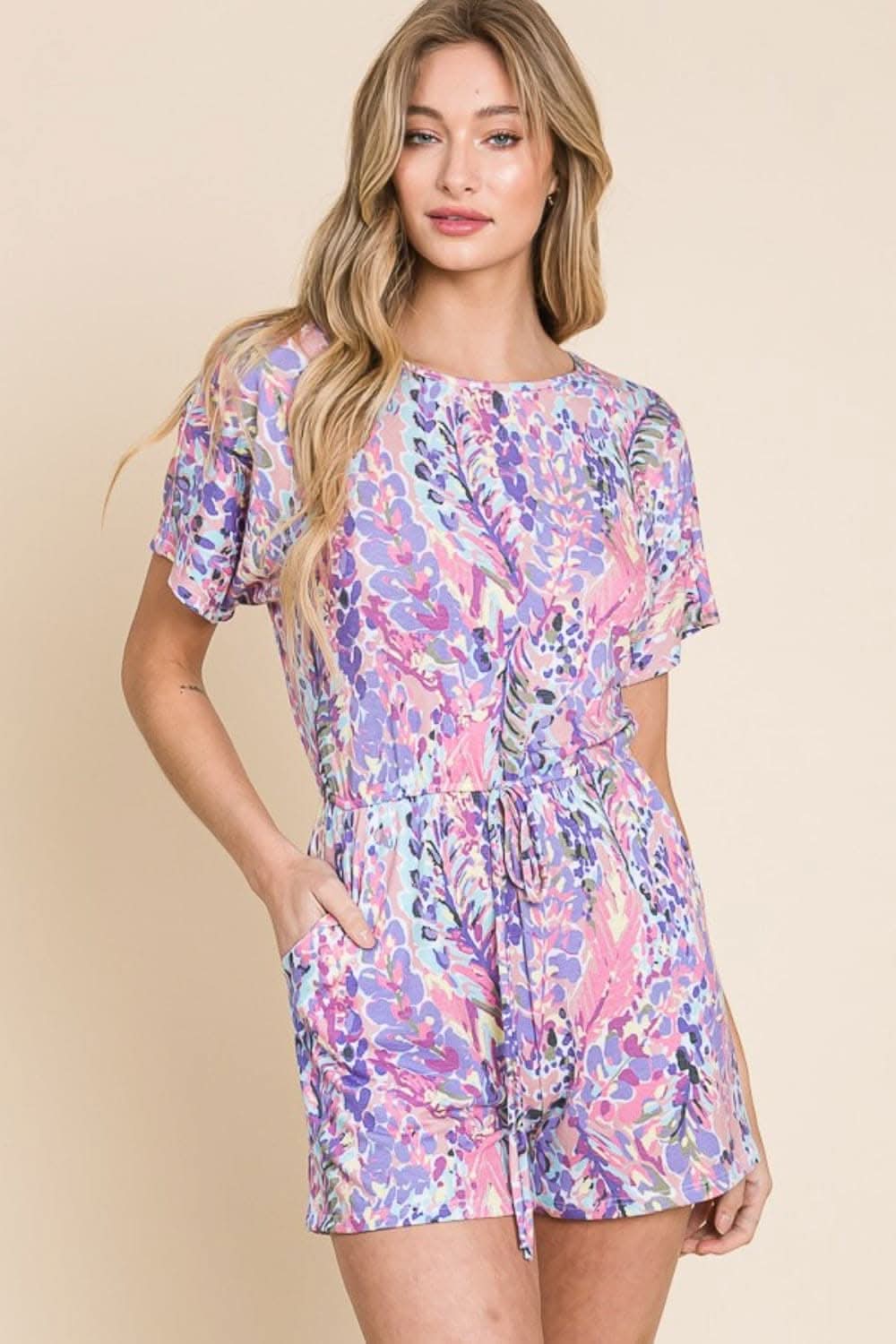 BOMBOM Print Short Sleeve Romper with Pockets - Women's Floral Jumpsuit for Summer, Beach, and Casual Outings