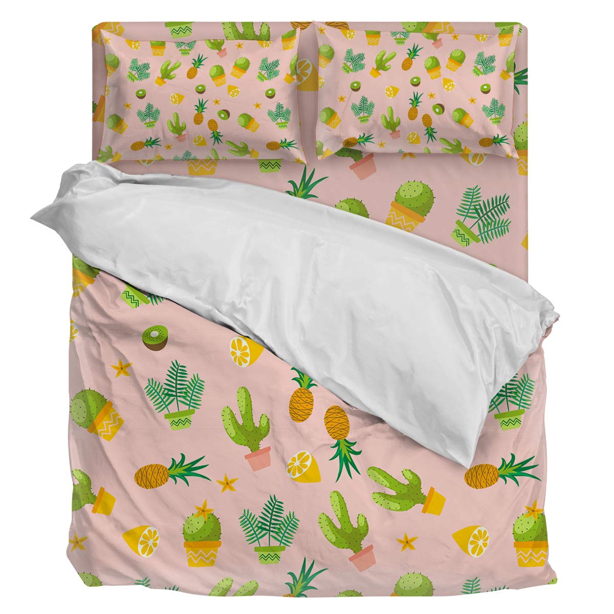Luxury 4-Piece Full Size Duvet Cover Set - Pink Cactus & Pineapple Sunflower Design, Soft Bedding Set Includes 1 Duvet Cover, 1 Fitted Sheet & 2 Pillowcases | Perfect for Boho Chic Bedrooms, Guest Rooms & Dorm Decor
