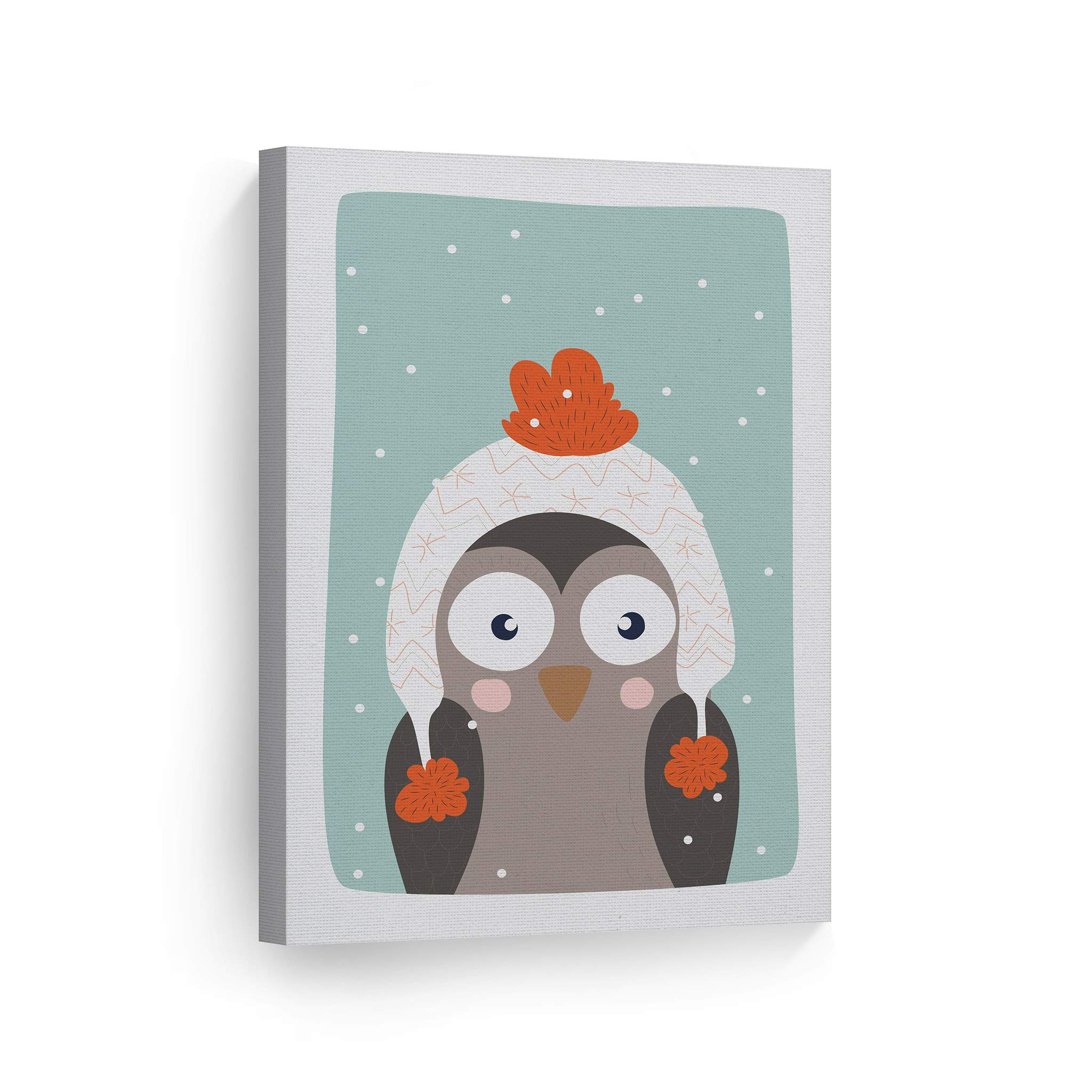 Cute Owl Winter Theme Canvas Print - Turquoise Background Wall Art for Kids Room, Nursery & Baby Room Decor - Ready to Hang 40x30 - Made in USA | Perfect for Children's Bedroom, Playroom & Gift Ideas