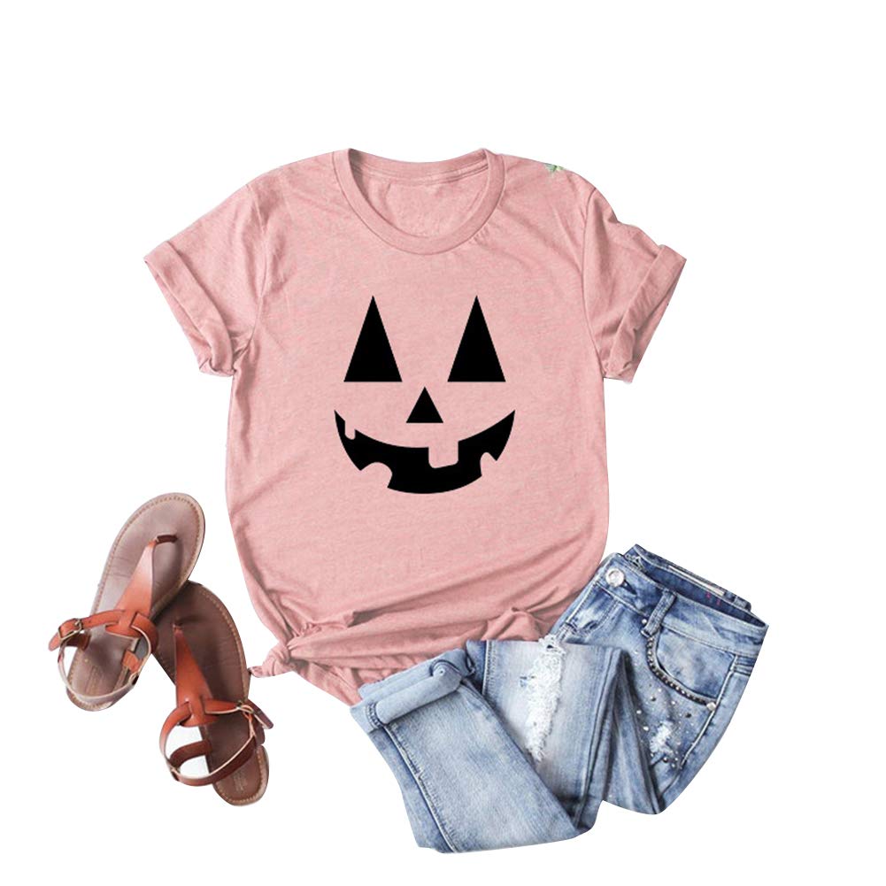 Funny Halloween Graphic T-Shirts for Women - Casual Loose Fit Short Sleeve Smile Print Tee - Perfect for Halloween Parties, Costume Events & Holiday Celebrations