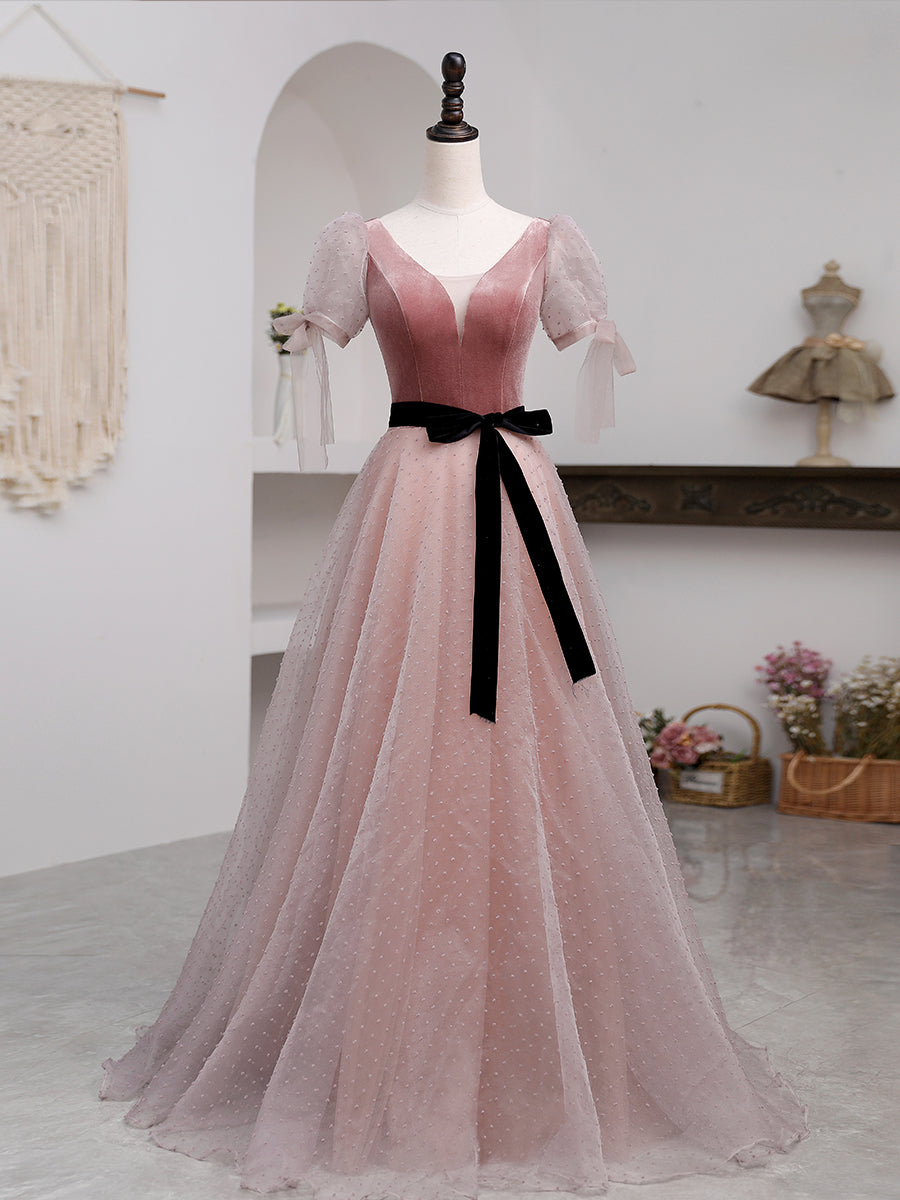 Elegant A-Line Pink Tulle Velvet Long Prom Dress for Women - Formal Evening Gown for Homecoming, Quinceañera & Special Occasions