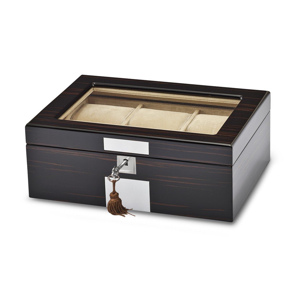 Premium High Gloss Ebony Wood Watch & Jewelry Organizer Box with Removable Tray - 14.2 Inch Luxury Storage for Watches, Rings, Necklaces - Perfect for Bedroom Dresser, Closet & Travel Accessories
