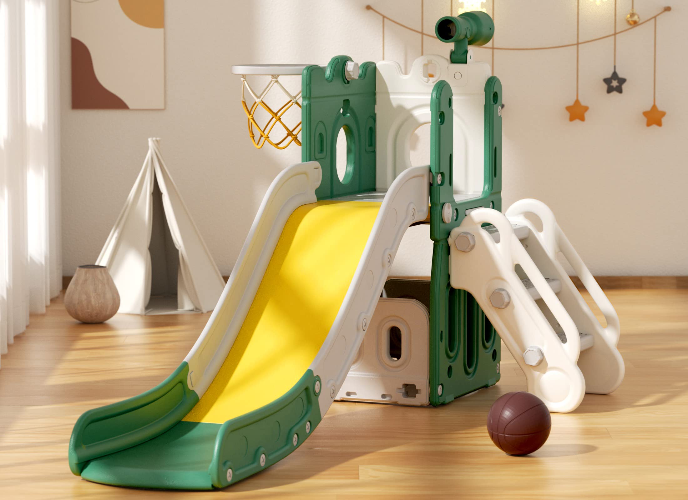 XJD 7-in-1 Toddler Slide Set with Basketball Hoop - Indoor & Outdoor Playground for Kids Ages 1-3 | Green Small Model | Perfect for Backyards, Playrooms & Daycare Centers