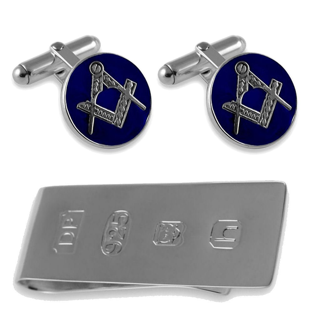 Sterling Silver Masonic Blue Enamel Round Cufflinks & James Bond Money Clip Gift Set - Perfect for Formal Events, Weddings, and Special Occasions