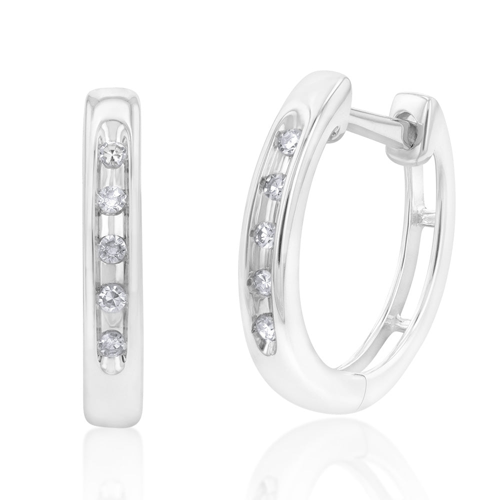 9ct White Gold Diamond Hoop Huggie Earrings - Elegant Everyday Jewelry for Women, Perfect for Parties, Weddings & Gifts