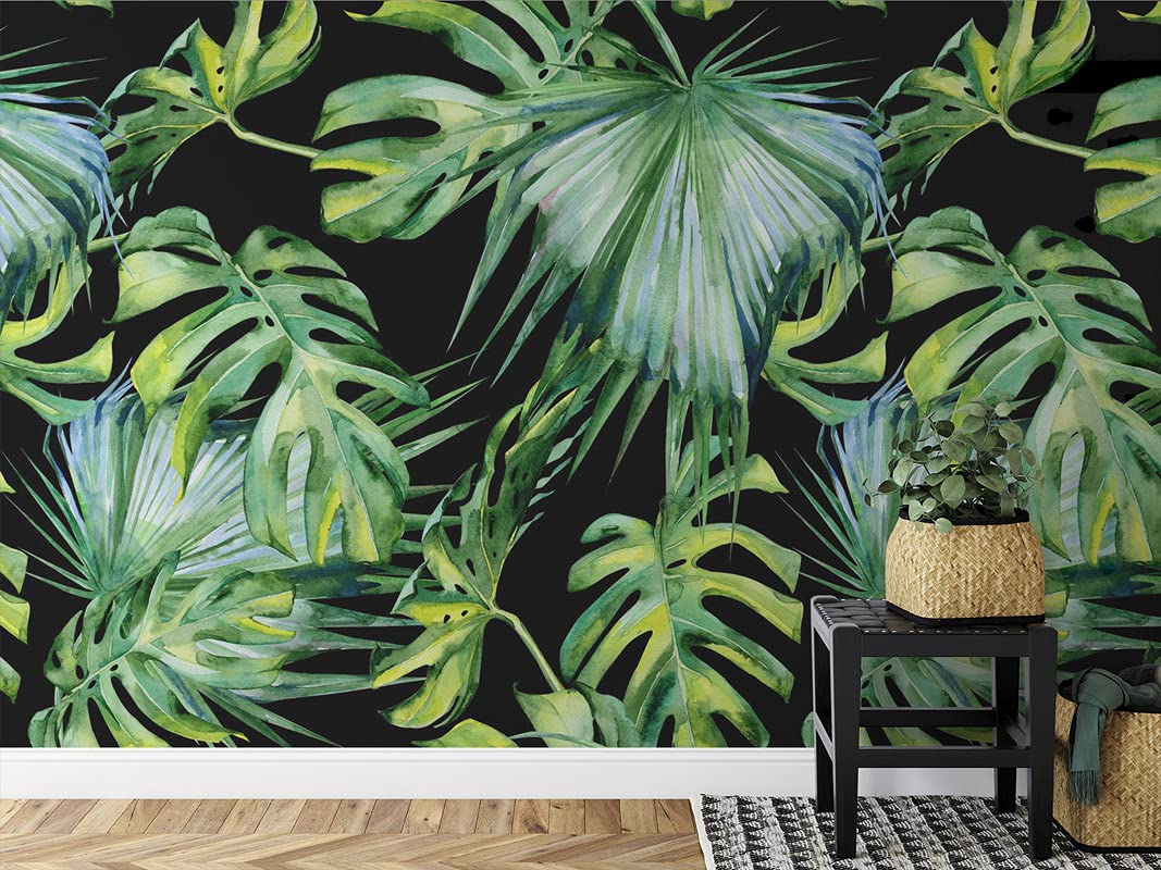 Royal Black & Green Palm Leaves Peel & Stick Wallpaper for Home Decor