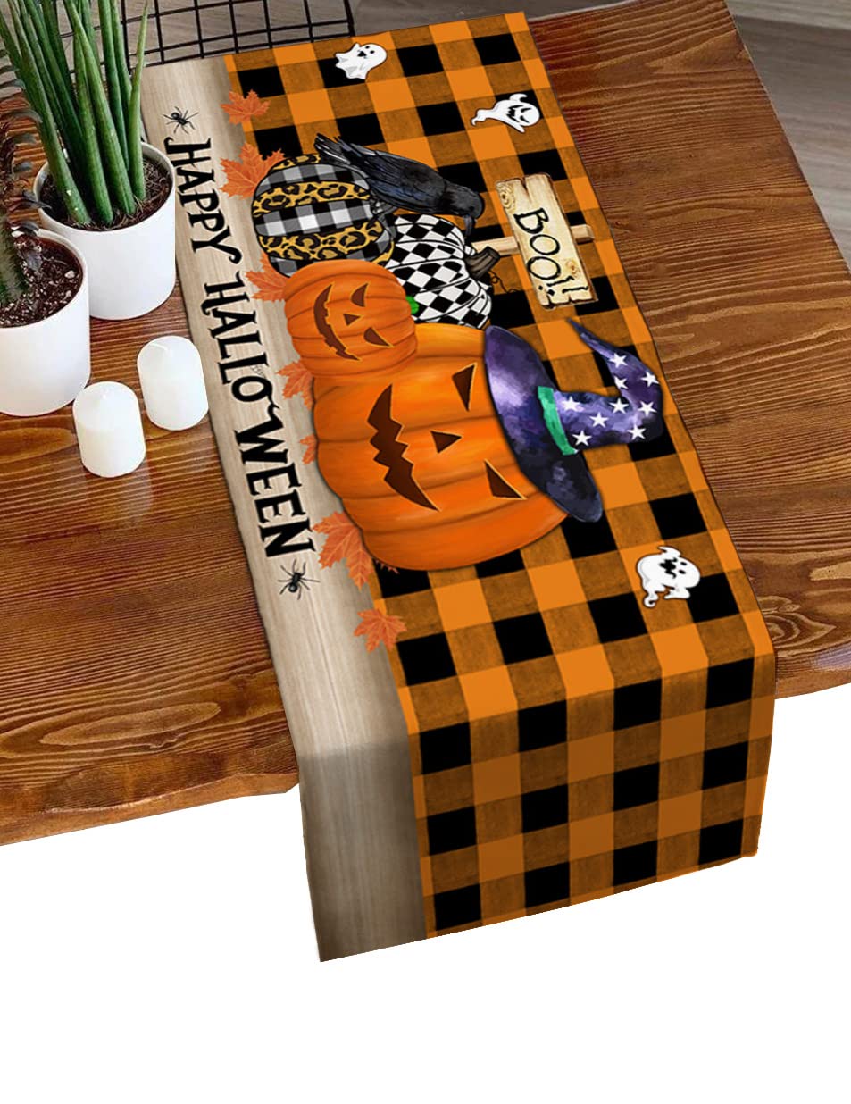 Halloween Pumpkin Ghost Crow Table Runner - 13x36 Inch Orange Black Checkered Holiday Table Decor for Dinner, Kitchen, Parties & Weddings | Perfect for Spooky Decor, Fall Gatherings & Themed Events