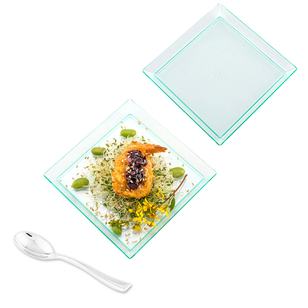 100-Pack Seagreen 5-Inch Modern Plastic Plates & 100-Pack Silver 4-Inch Mini Plastic Spoons - Perfect for Parties, Picnics, and Outdoor Events