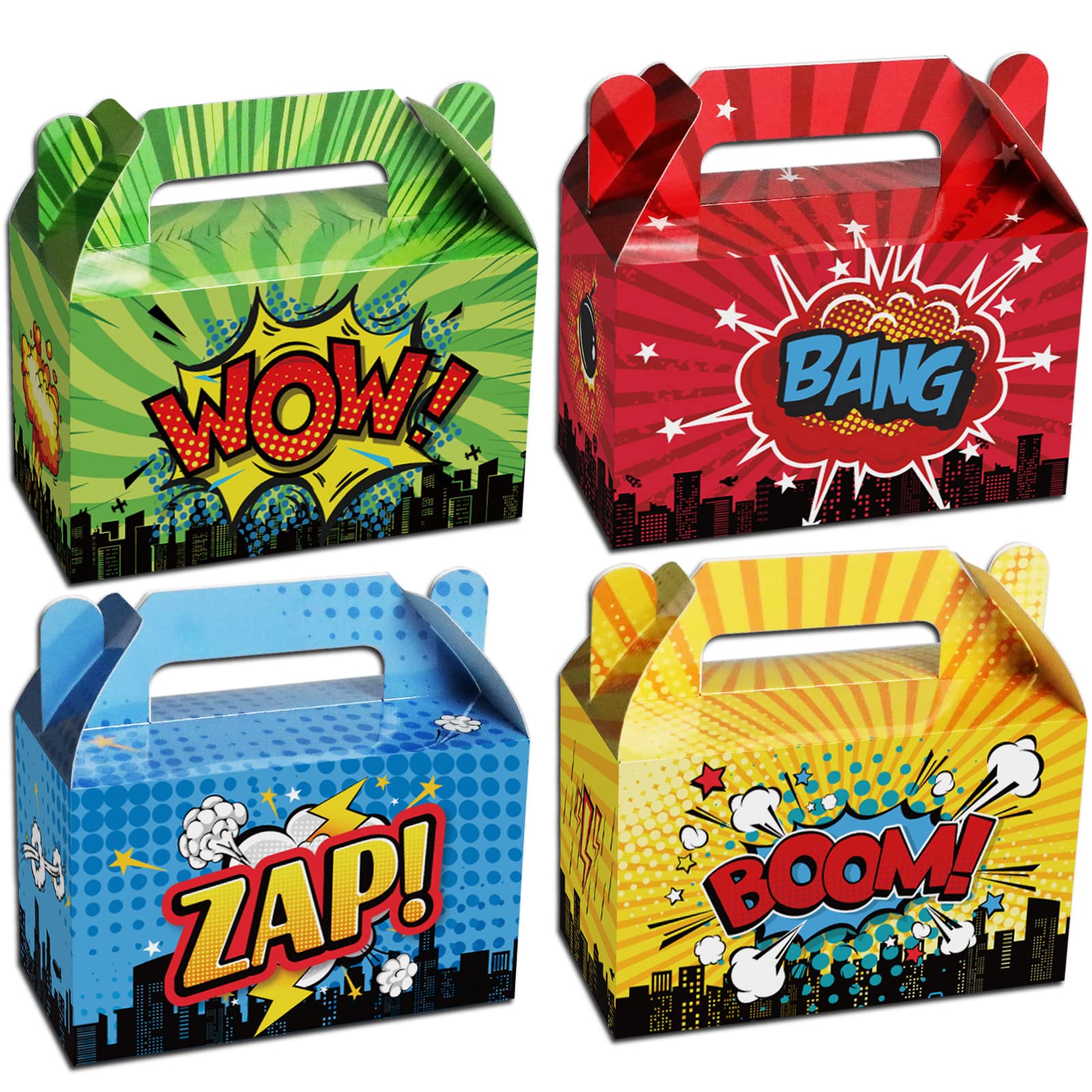 24 Pack Hero Party Favor Boxes - Superhero Theme Birthday Treat Bags with Action Sign for Candy & Goodies (6x3x5.5 Inches) - Perfect for Baby Showers, Boys/Girls Birthday Parties & Superhero Decorations