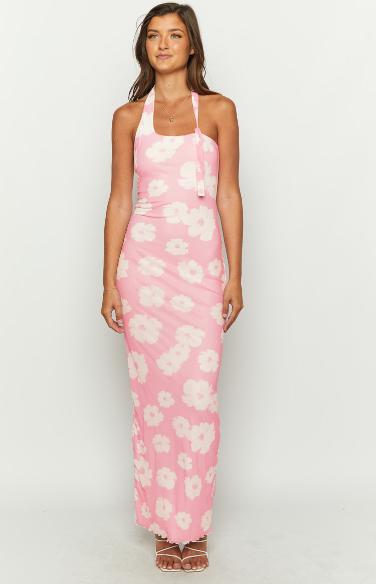 Aimee Women's Pink Floral Print Maxi Halter Dress - Summer Beach Party, Wedding Guest, Vacation Outfit