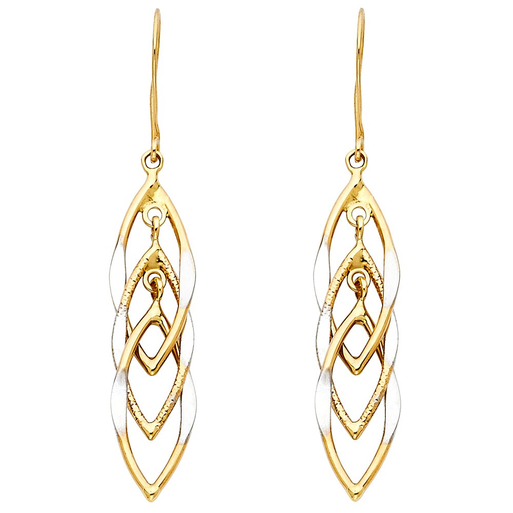 14K Two-Tone Gold Hollow Tube Push Back Earrings for Women - Elegant Hanging Design for Parties, Weddings & Everyday Wear