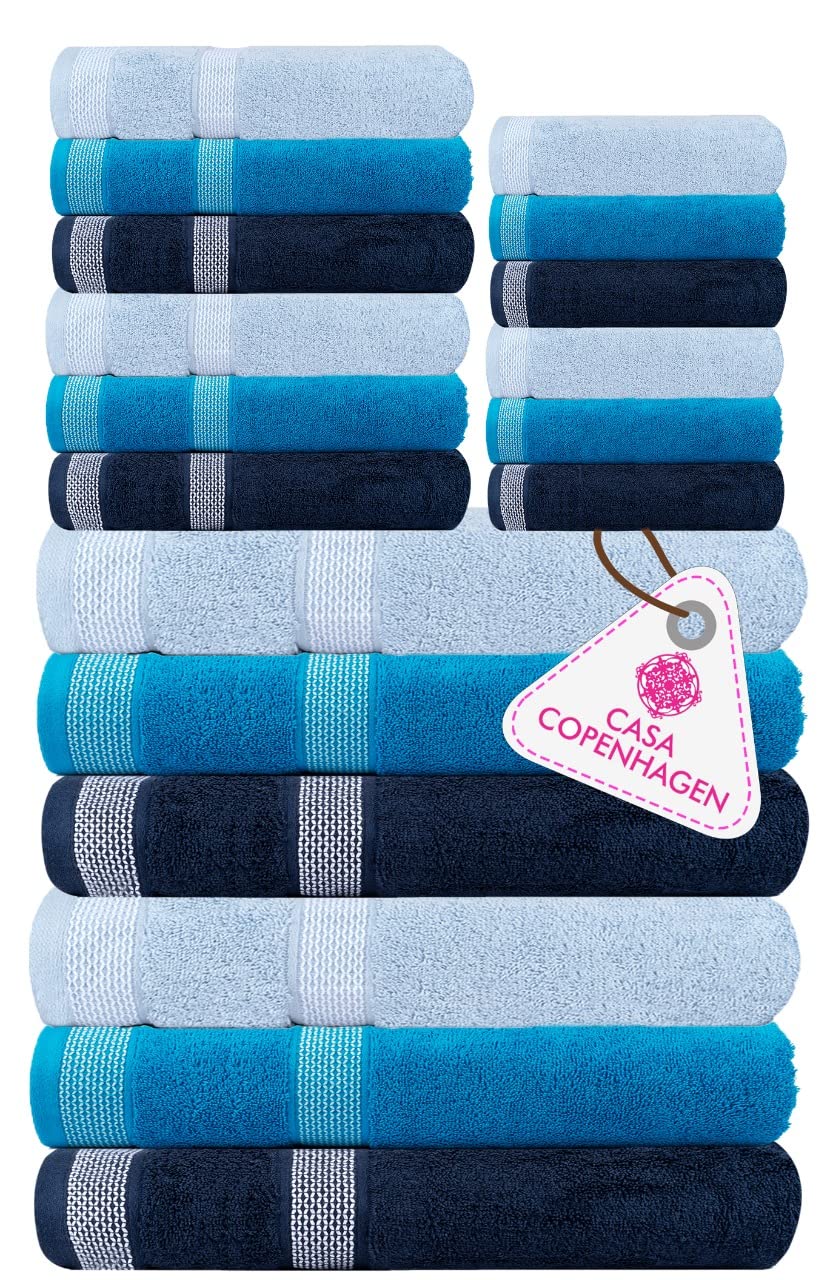 Luxury 18-Piece Egyptian Cotton Towel Set - 600GSM Hotel & Spa Quality Bath, Hand & Washcloths (6+6+6) - Navy Blue, Teal Blue & Skyway Blue - Soft & Absorbent for Bathroom, Kitchen & Guest Use - Casa Copenhagen Solitaire Collection
