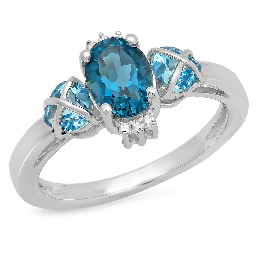 Stunning Oval London Blue Topaz, Heart Swiss Blue Topaz & Round White Diamond Engagement Ring in Sterling Silver - Perfect for Proposals, Anniversaries & Special Occasions