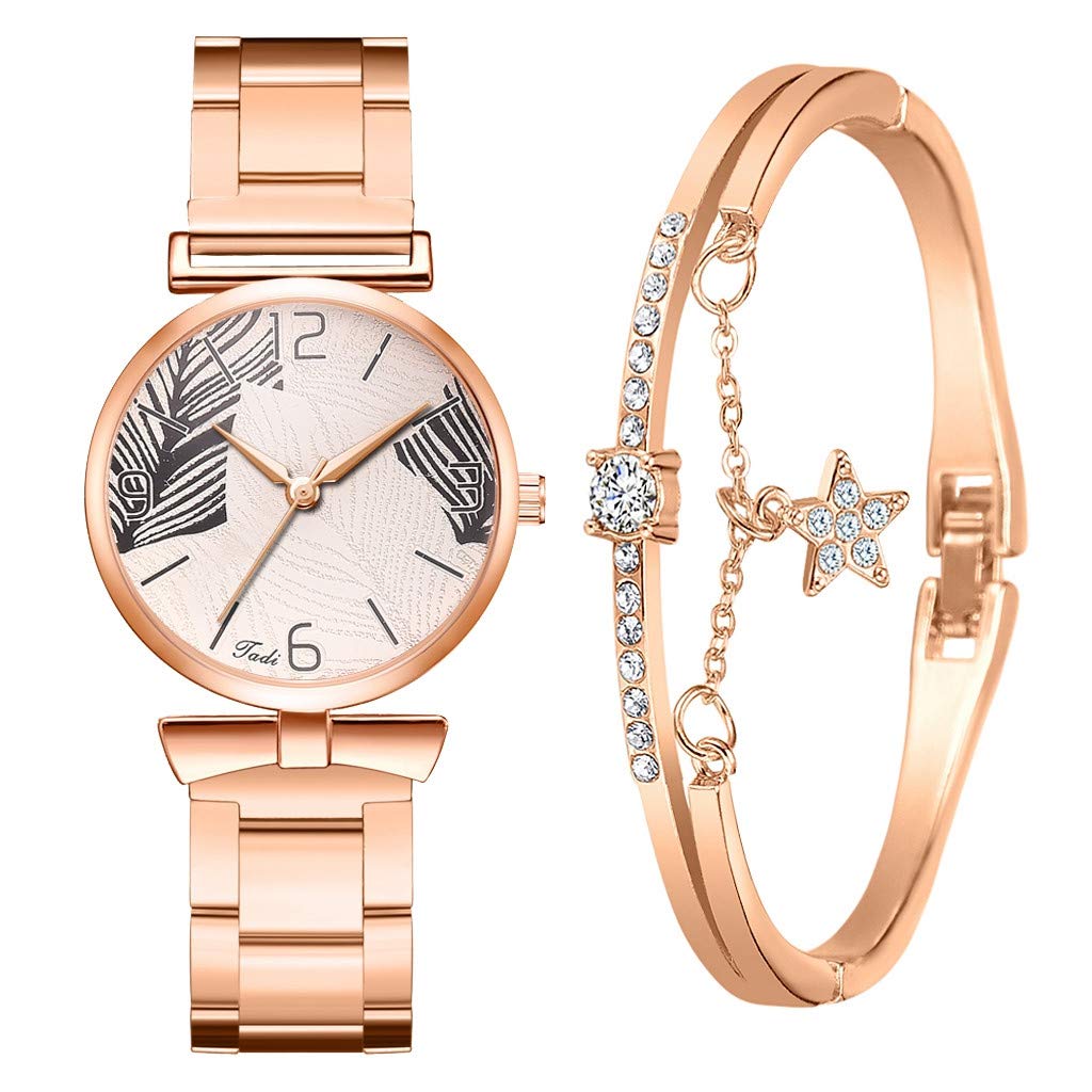 Elegant Women's Watch & Bracelet Set - Stainless Steel Quartz Watch with Leather Band & Matching Bracelets for Casual & Formal Occasions