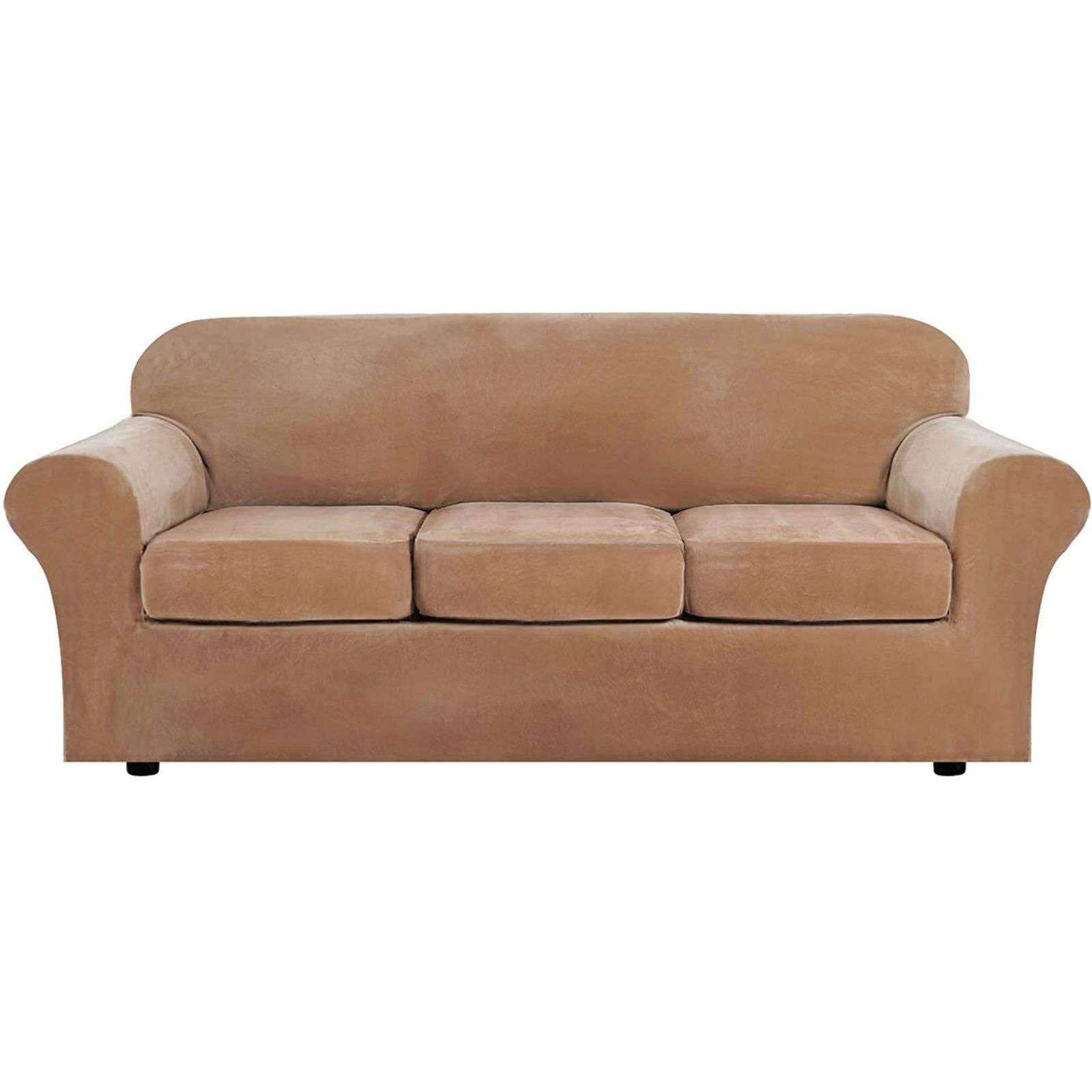 JHLD 4-Piece Velvet Stretch Sofa Cover - Soft Couch Slipcover for 3-Cushion Couches, Furniture Protector (Camel, 3-Seater) | Machine Washable | Perfect for Living Room, Home Decor & Pet Protection