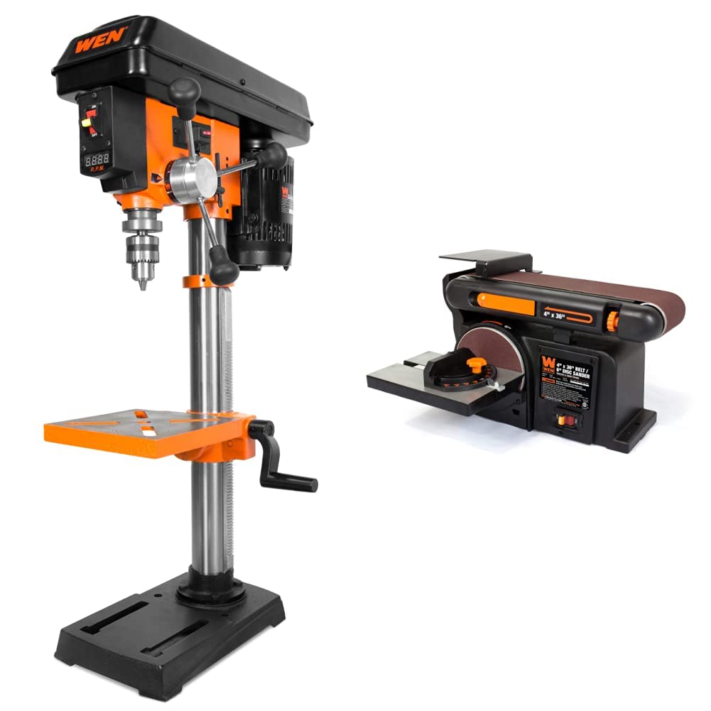 WEN 4212T 5-Amp 10-Inch Variable Speed Benchtop Drill Press with Laser & 6502T 4.3-Amp 4 x 36 Inch Belt and 6 Inch Disc Sander with Cast Iron Base - Perfect for Woodworking, Metalworking, and DIY Projects in Home Workshops