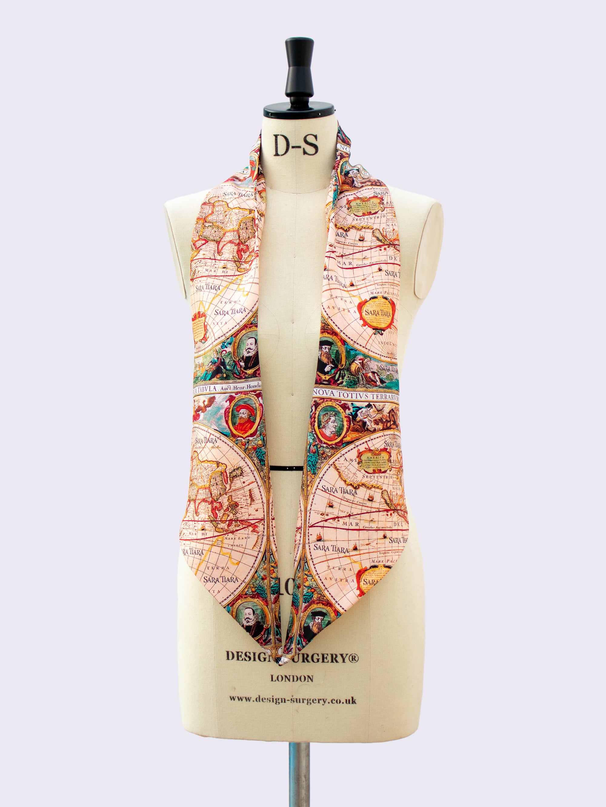 Elegant Silk Skinny Scarf with Vintage Map Print - Perfect for Travel, Office & Evening Outfits