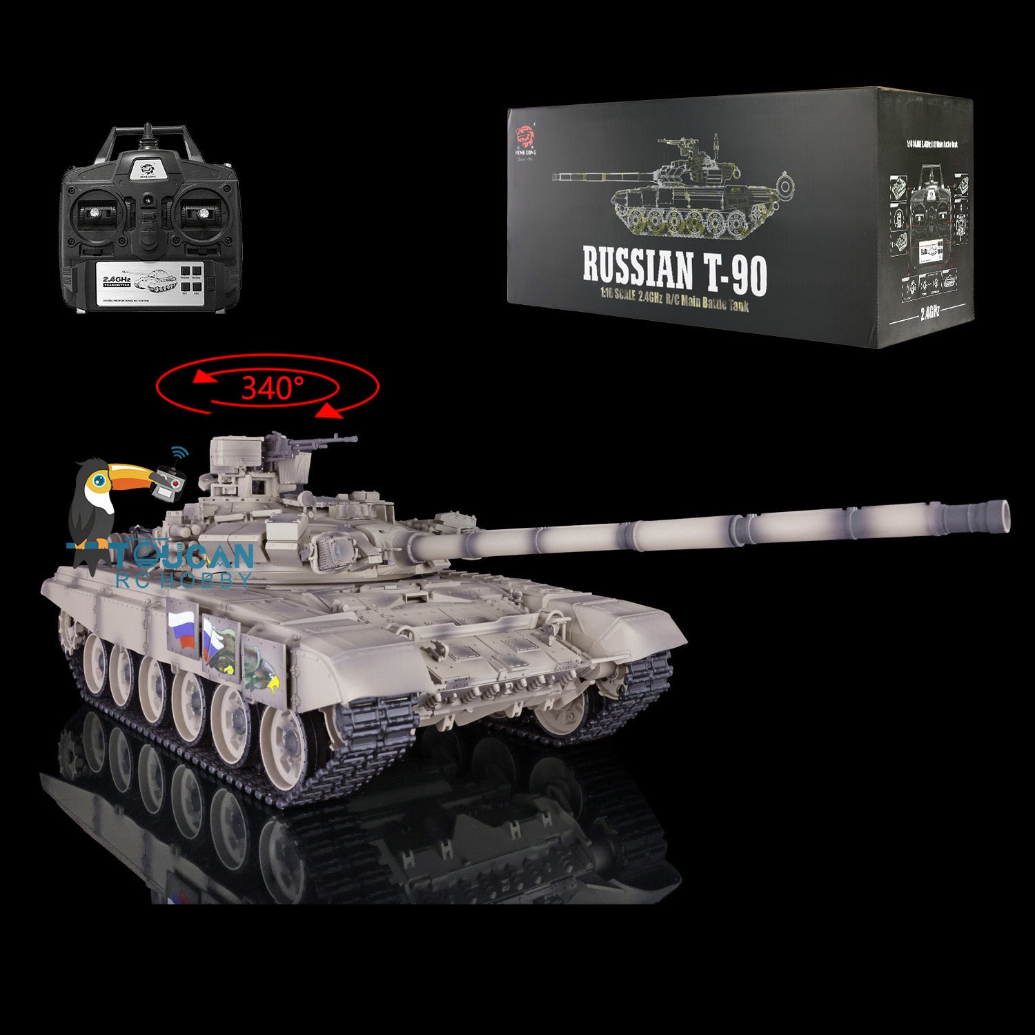 2.4GHz Henglong 1:16 Scale Russian T90 RTR RC Tank - 7.0 Plastic Version with 340 Turret, Radio Controller & Speaker | Perfect for Military Enthusiasts, Collectors & Outdoor RC Battles