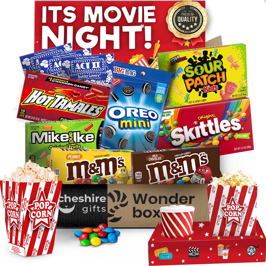 Movie Night Gift Basket with Candy Variety Pack, Snacks, Popcorn & Movie Trays - Family Gift Set by Cheshire Gifts | Perfect for Family Movie Nights, Birthday Gifts & Holiday Presents