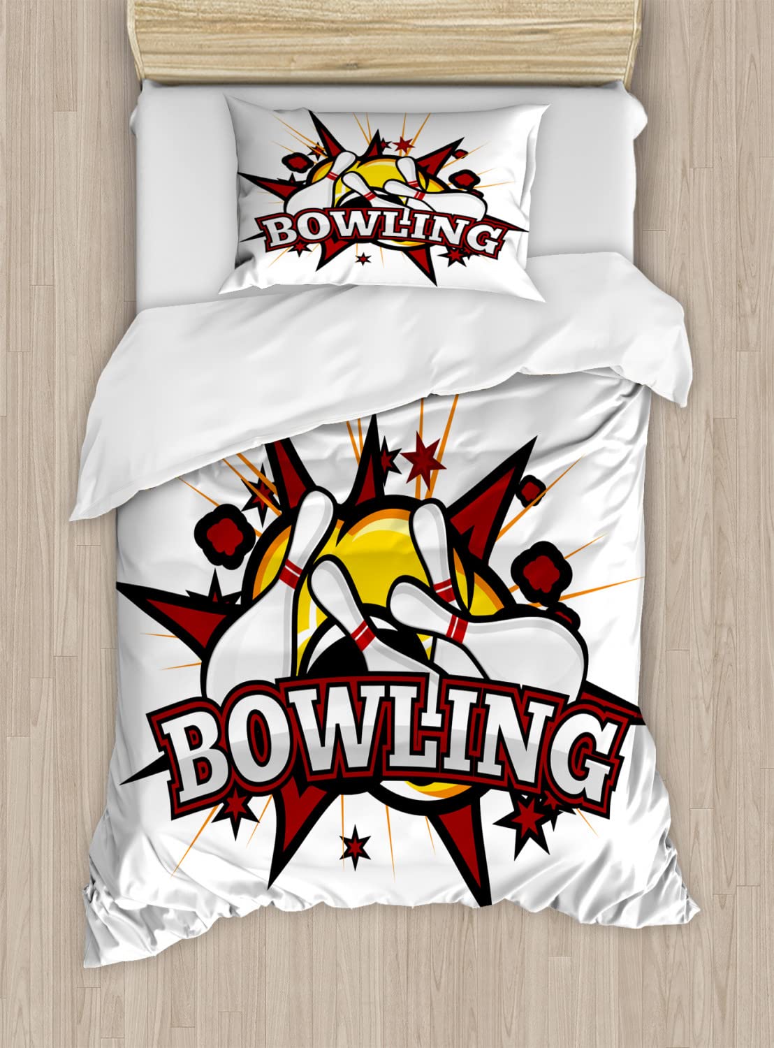 Ambesonne Bowling Party Duvet Cover Set - Cartoon Comic Book Style with Retro Stars & Crash Effects - 2-Pack Twin Size Bedding Set (2 Duvet Covers + 2 Pillowcases) in Ruby White & Yellow - Perfect for Kids' Rooms, Teen Bedrooms & Bowling-Themed Parties
