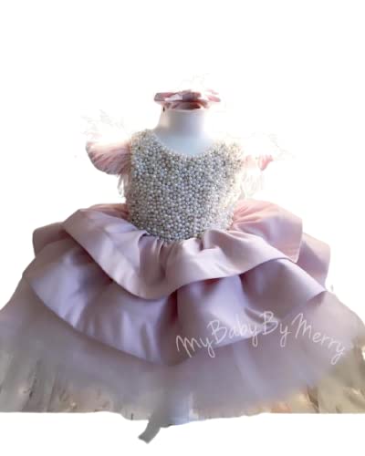 Girls Pearl Dress - Dusty Rose & Blush Pink Pearl Party Dress for Toddlers, 1st Birthday Outfit (9-12 Months US Kids' Numeric) | Perfect for Birthday Parties, Photo Shoots & Special Occasions