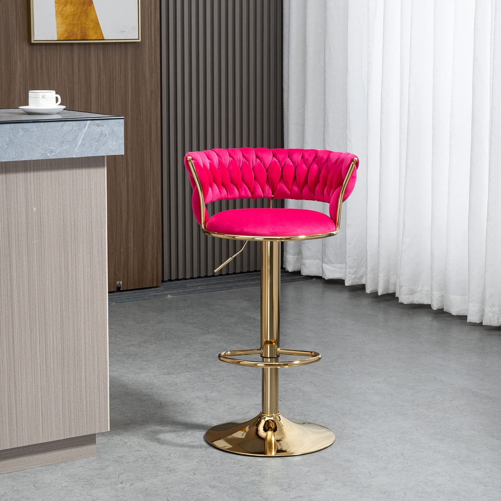 Velvet Swivel Bar Stool - Adjustable Height Counter Stool with Woven Back, Upholstered Kitchen & Dining Chair, Modern Barstool for Kitchen Island, Cafe, Pub, Bar Counter - Perfect for Home Bars, Breakfast Nooks & Entertainment Areas (Red)