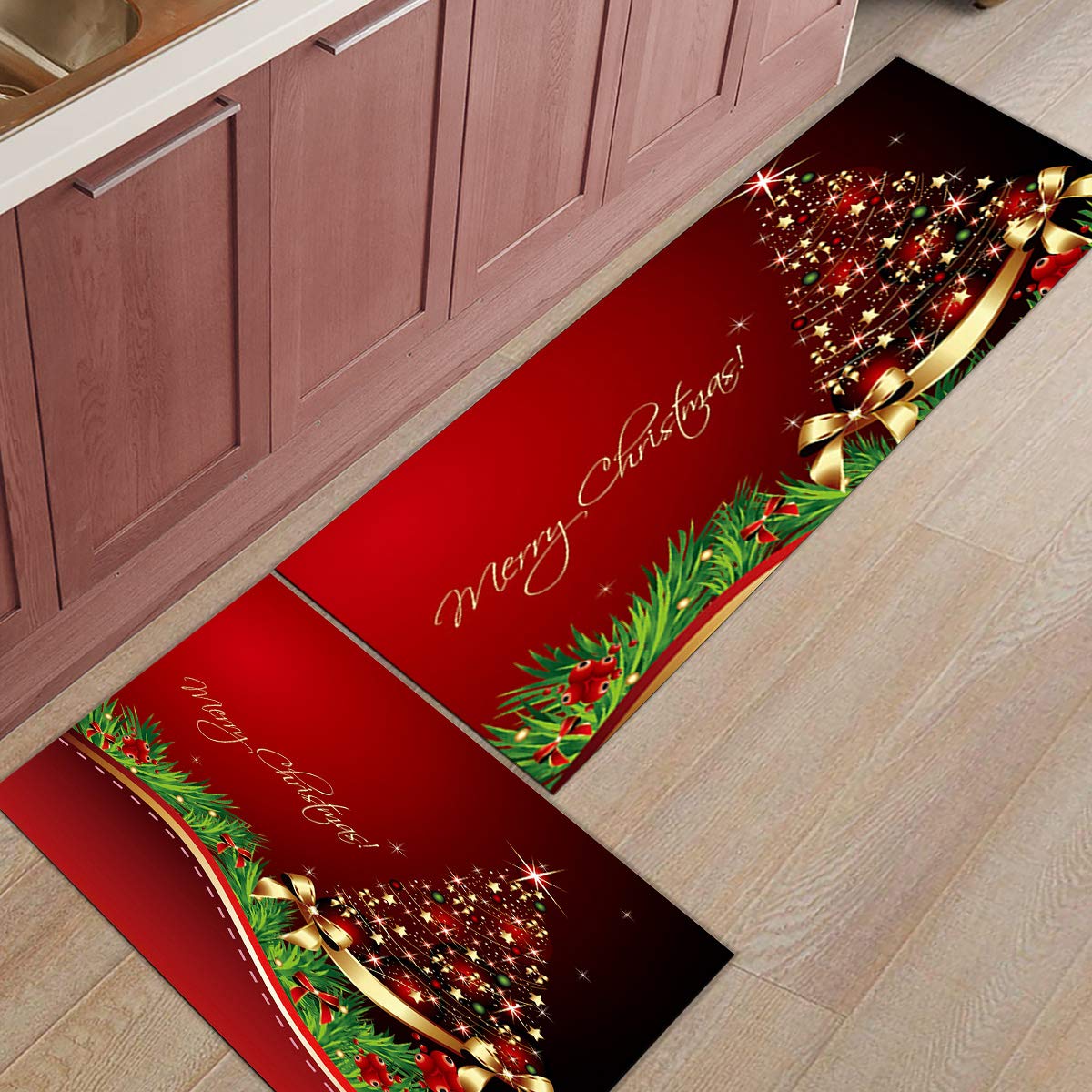 Non-Slip Christmas Kitchen Runner Rug Set of 2 - Merry Fantasy Tree with Xmas Ball Star Design for Laundry, Bedside, Bathroom & Bedroom | Holiday Home Decor Floor Mat